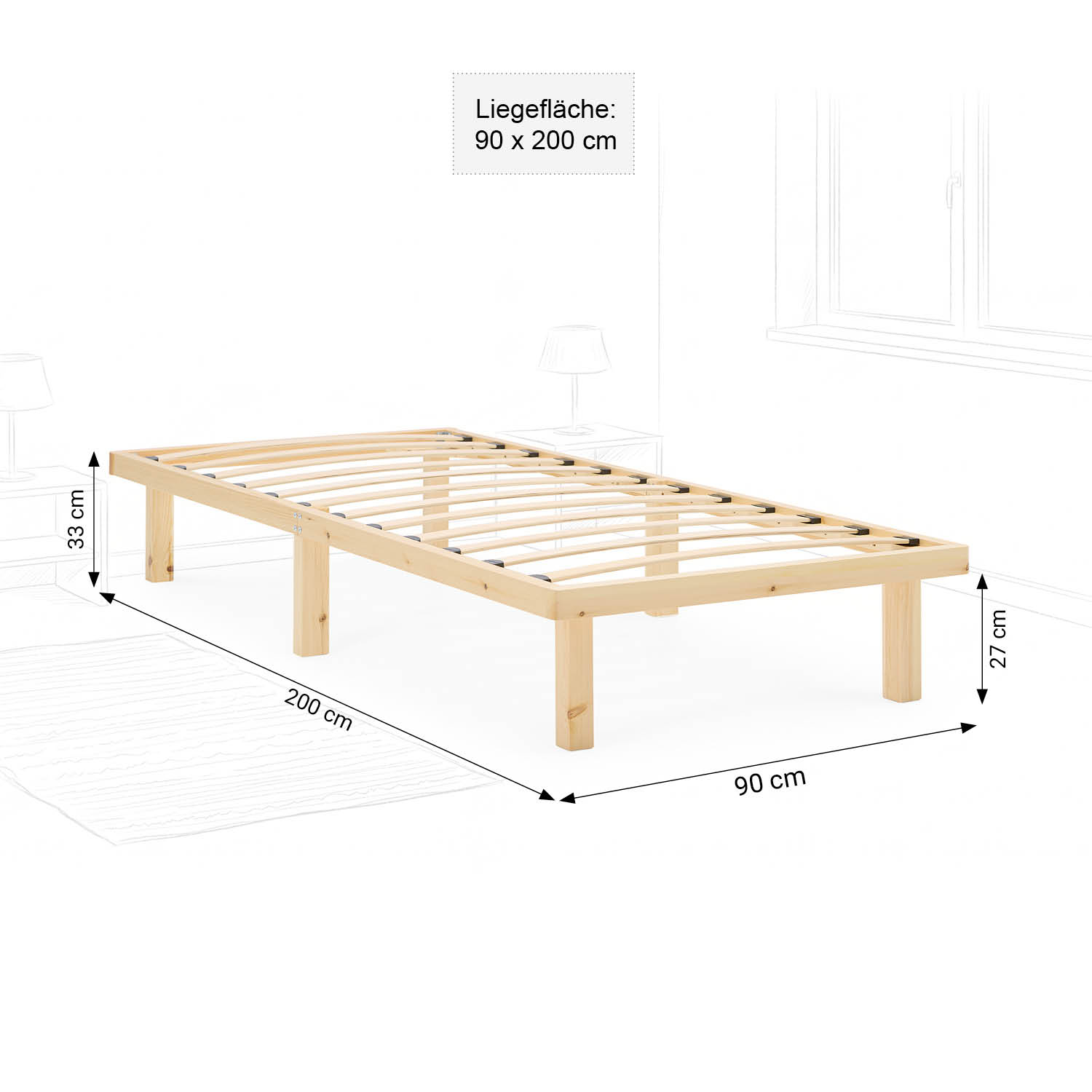 Bed frame 90x200 cm Wooden bed Untreated Single bed Solid wood Bed without headboard Guest bed Youth bed Mattress Slatted frame