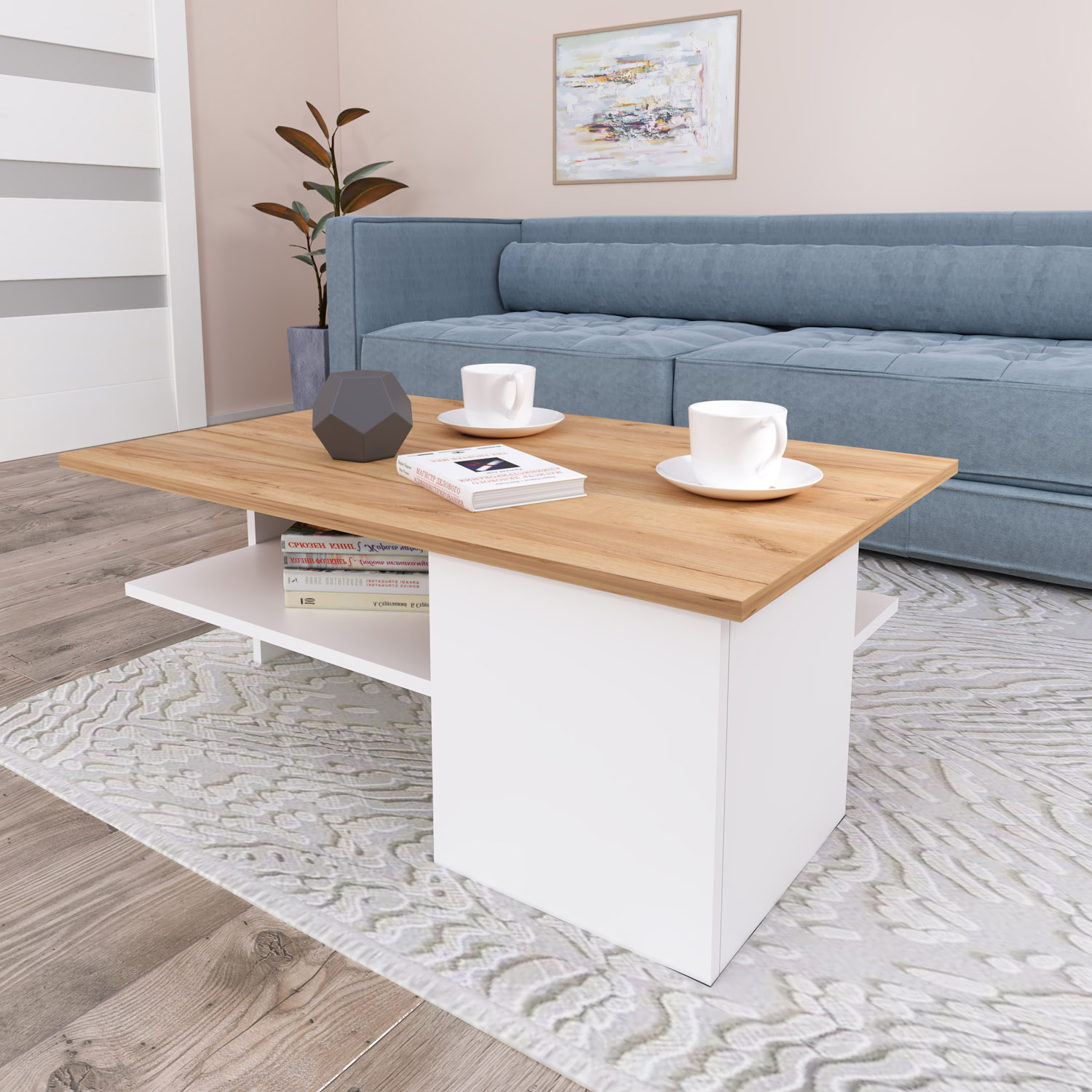 Wohnzimmertisch Couchtisch Holz Weiß Beton Optik Natur Sofatisch Holztisch Beistelltisch Modern