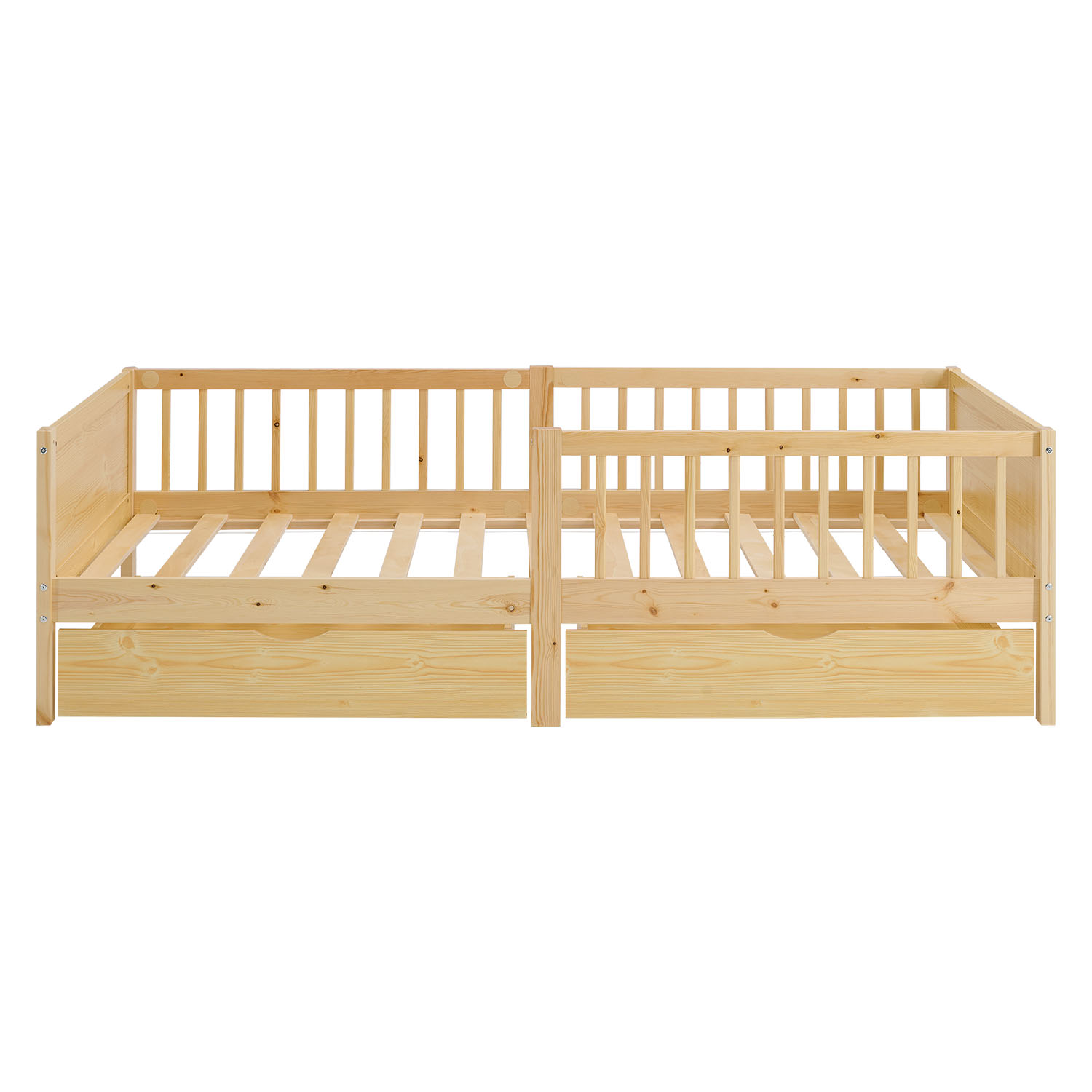 Children's Bed 90x200 cm Natural | Wooden bed with mattress | Single Bed | 2 drawers | Fall Protection