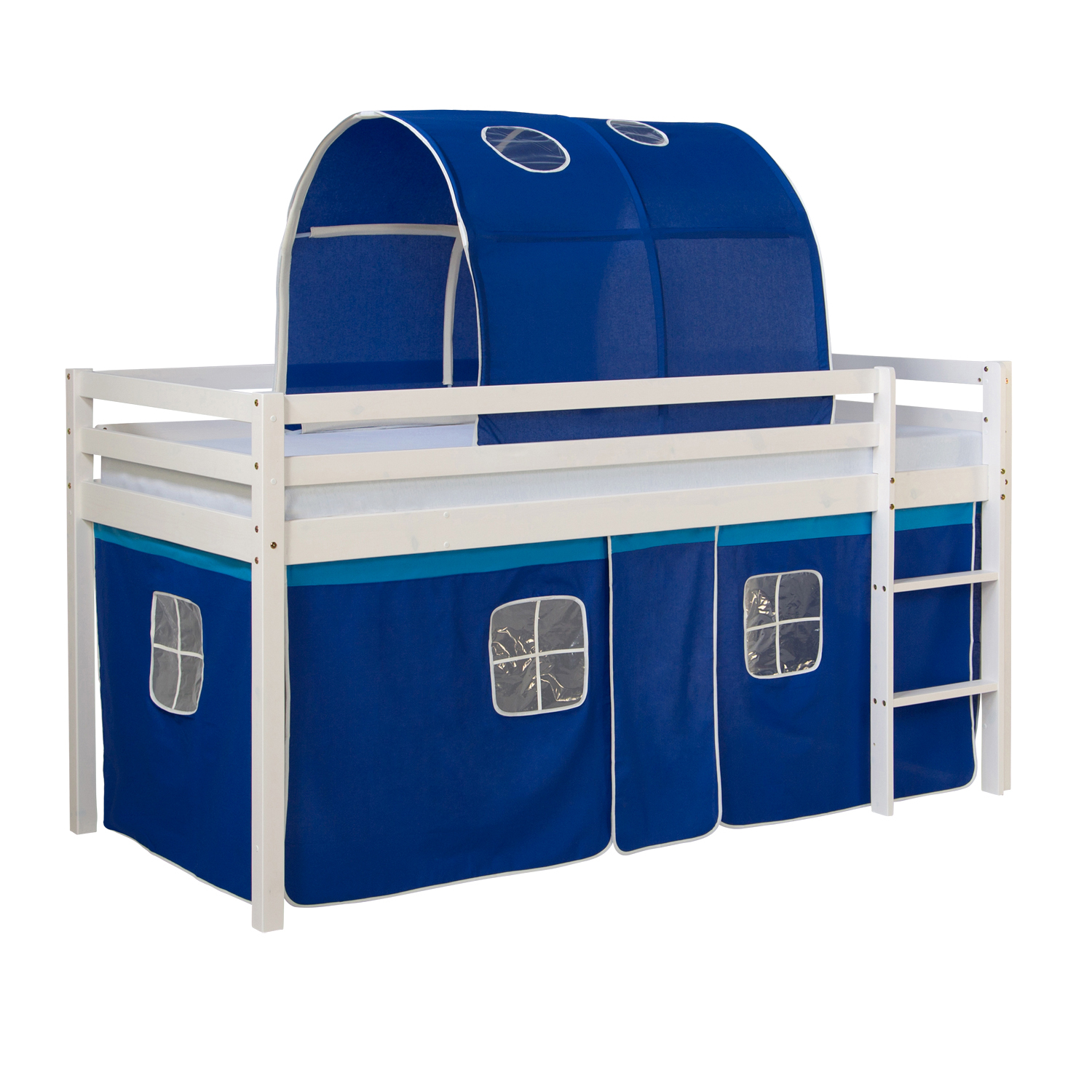Loft Bed Kids 90x200 cm White with Curtain in Blue | Tunnel | with Slatted Frame Loftbed 90x200 cm Bunk bed Childrens bed Solid Pine Wood Tower Tunnel Curtain Blue Slide Mattress Slats