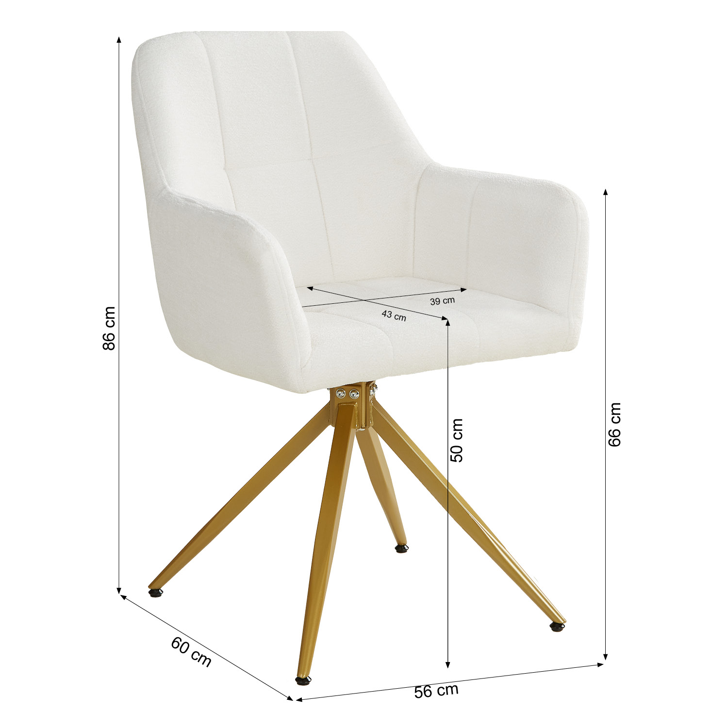 Oak dining set, 160–200 cm, extendable, with 4 bouclé swivel chairs in beige and a gold frame