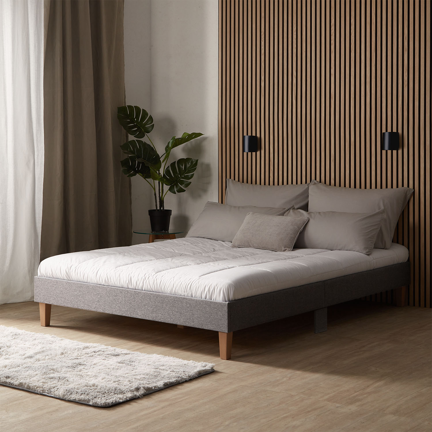 Upholstered Bed 140x200 cm Gray – Modern Futon Bed with Slatted Base | Minimalist Double Fabric Bed