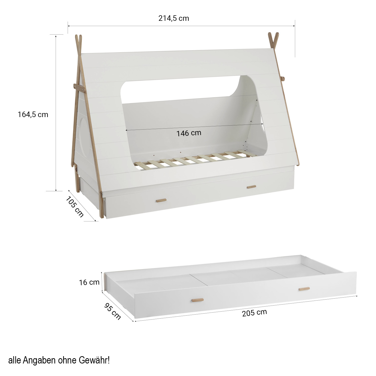 TIPI House Bed Play Bed Wooden Bed 90x200 cm Pine White Children Bed Drawer