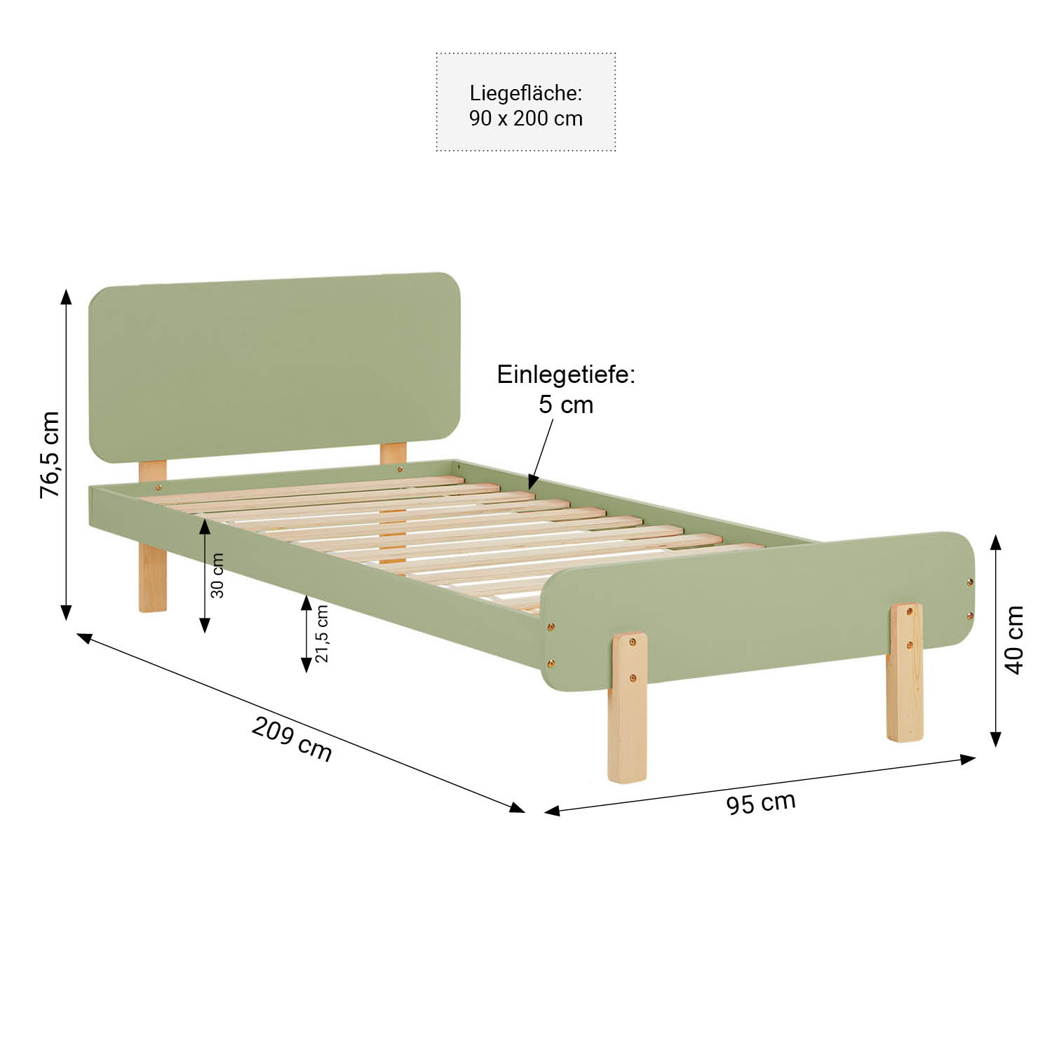 Wood Bed 90x200 cm Green Natural | Retro Bed | Single Bed | with Slatted Frame | Kids Youth Guest Bedroom