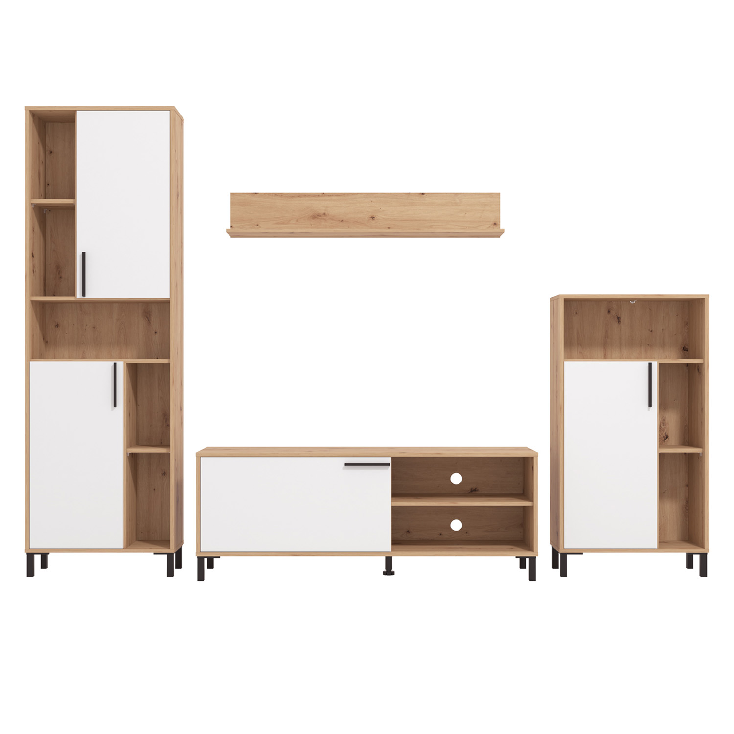 Modern living room unit 4 part cupboard set wall unit wood oak white TV set with storage entertainment center
