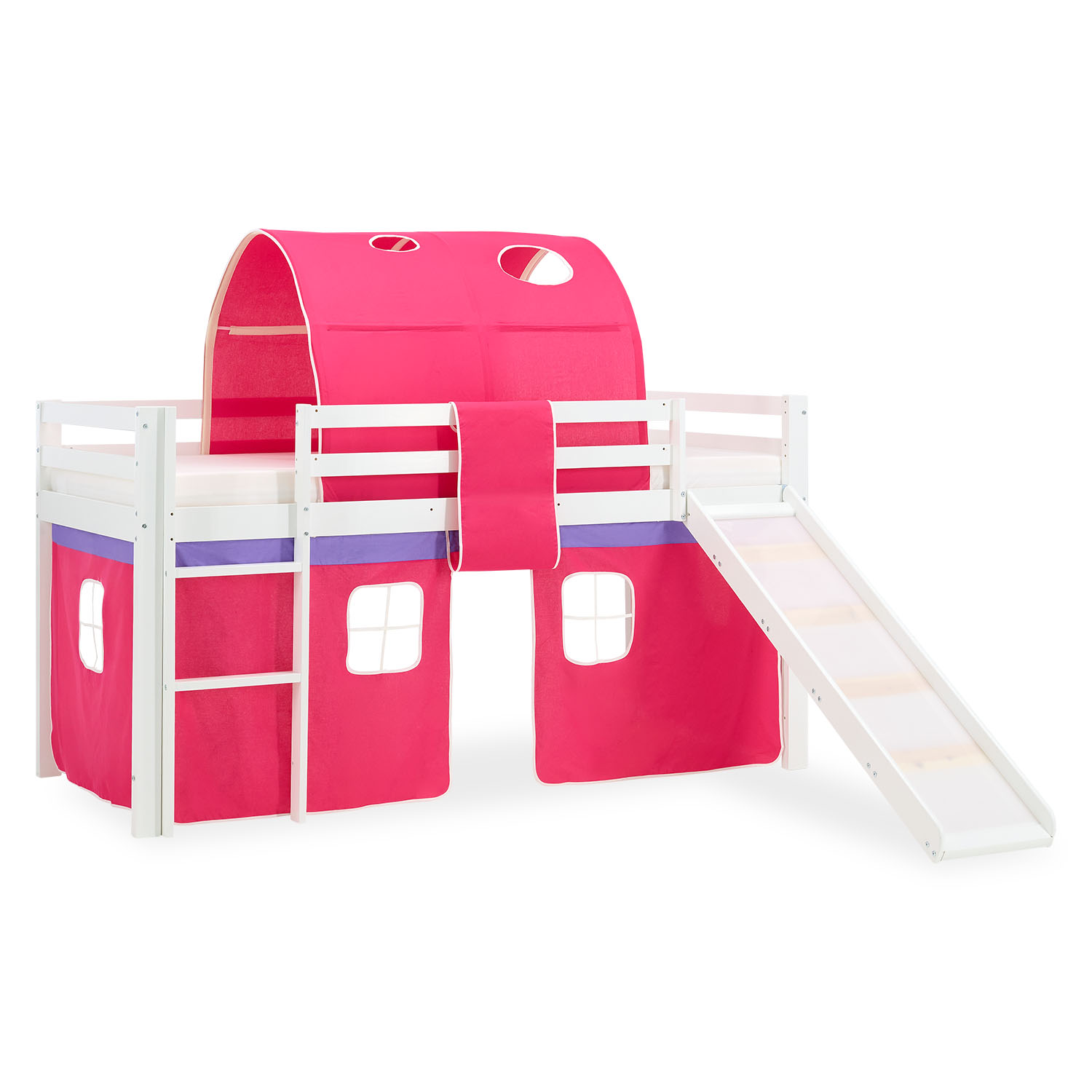 Loftbed 90x200 cm Bunk bed Childrens bed Solid Pine Wood Tower Tunnel Curtain Pink Slide Mattress Slats