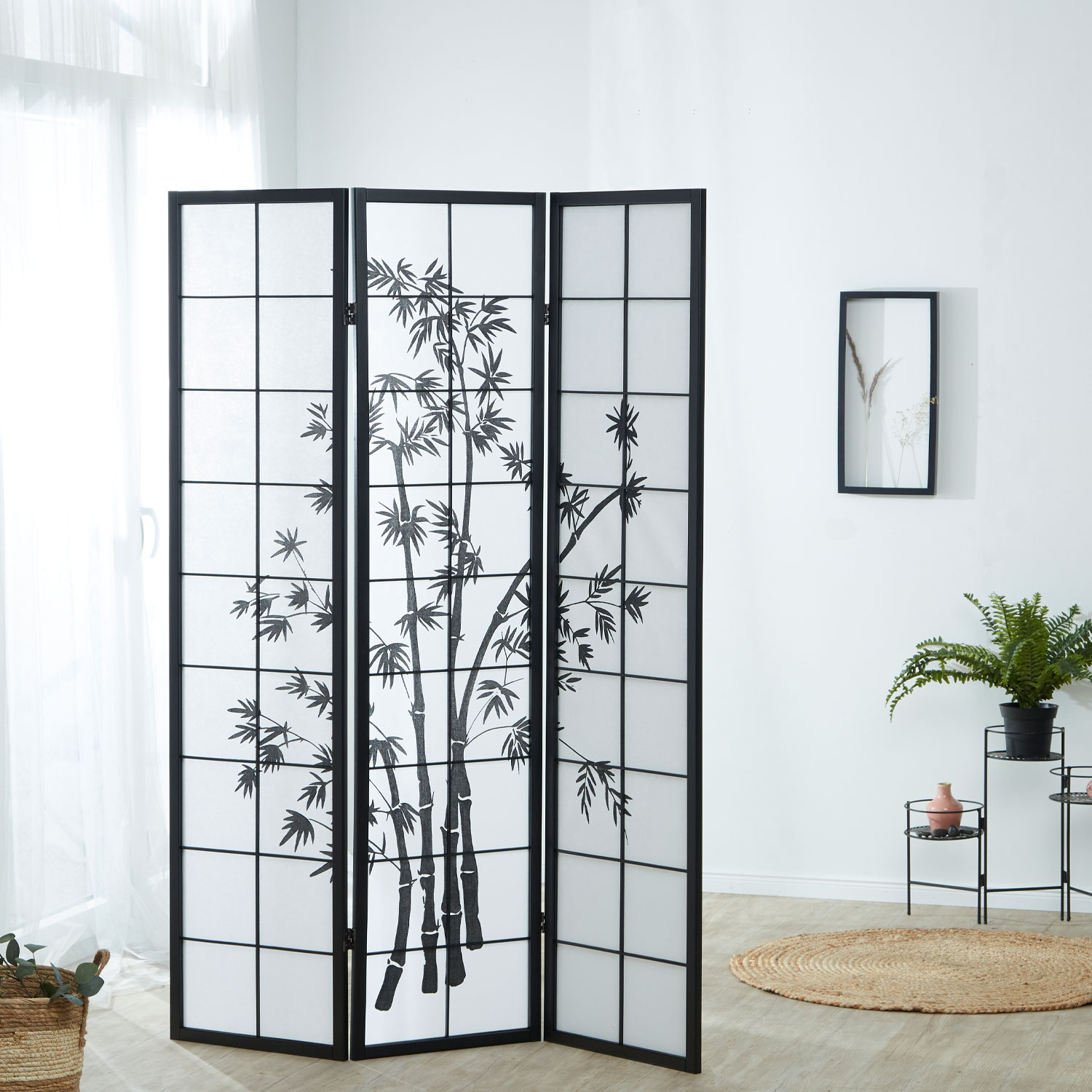 Paravent room divider 3 4 5 or 6 parts, wood black, rice paper white, bamboo pattern, height 179 cm