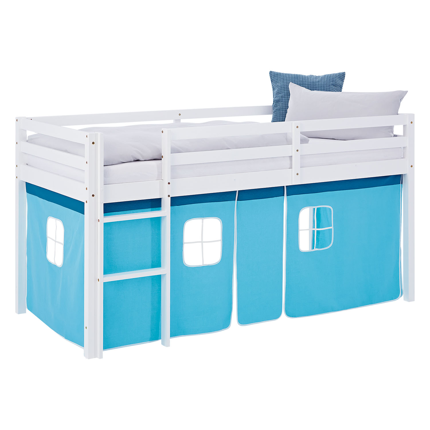 Children's Loft Bed, 90x200 cm, White with Blue Curtain | Includes Slatted Base and Mattress