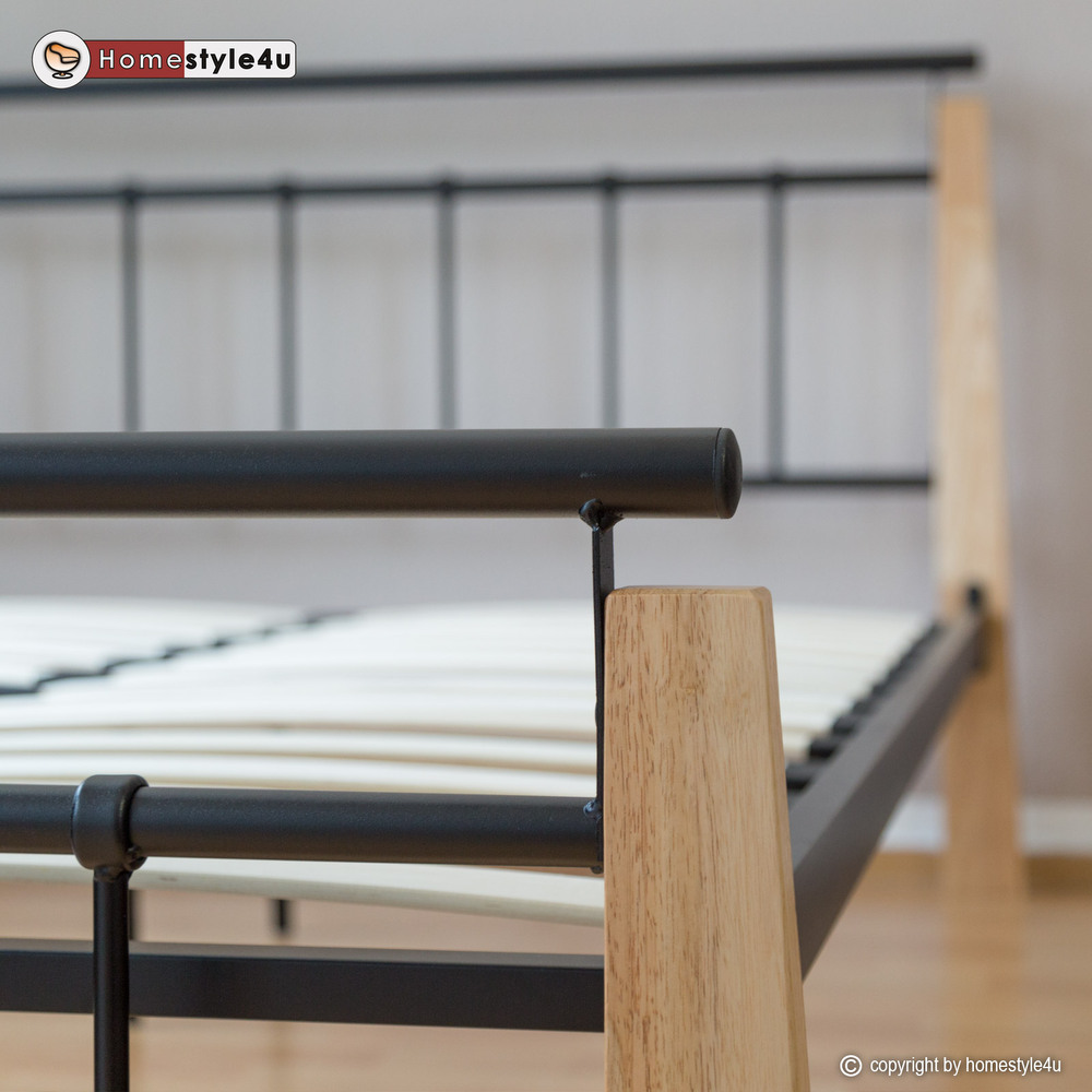 Metal Bed Iron Bed Double 180 x 200 Wood Slatted black natural bed frame 5072