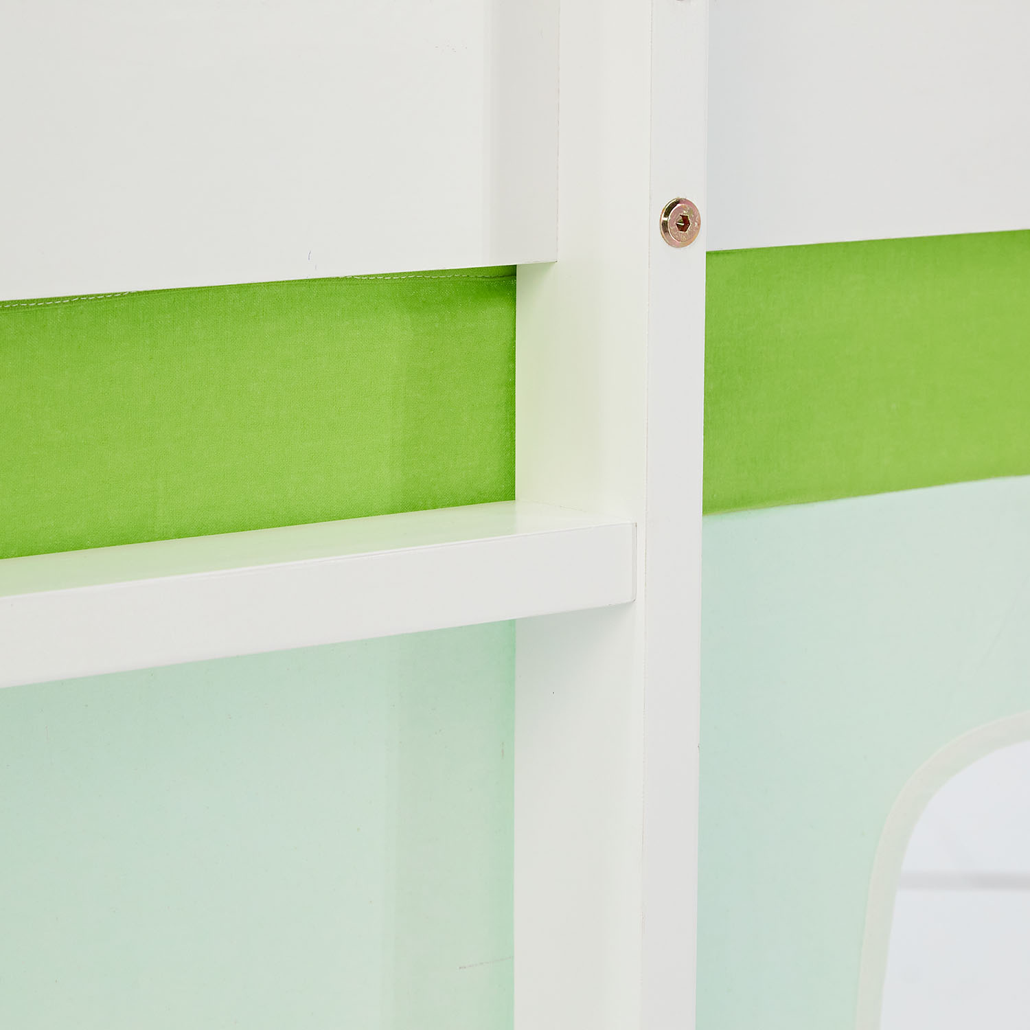 Loft Bed for Kids 90x200 cm White with Curtain in Green | Slide | Tower | Tunnel | with Slatted Frame and Mattress