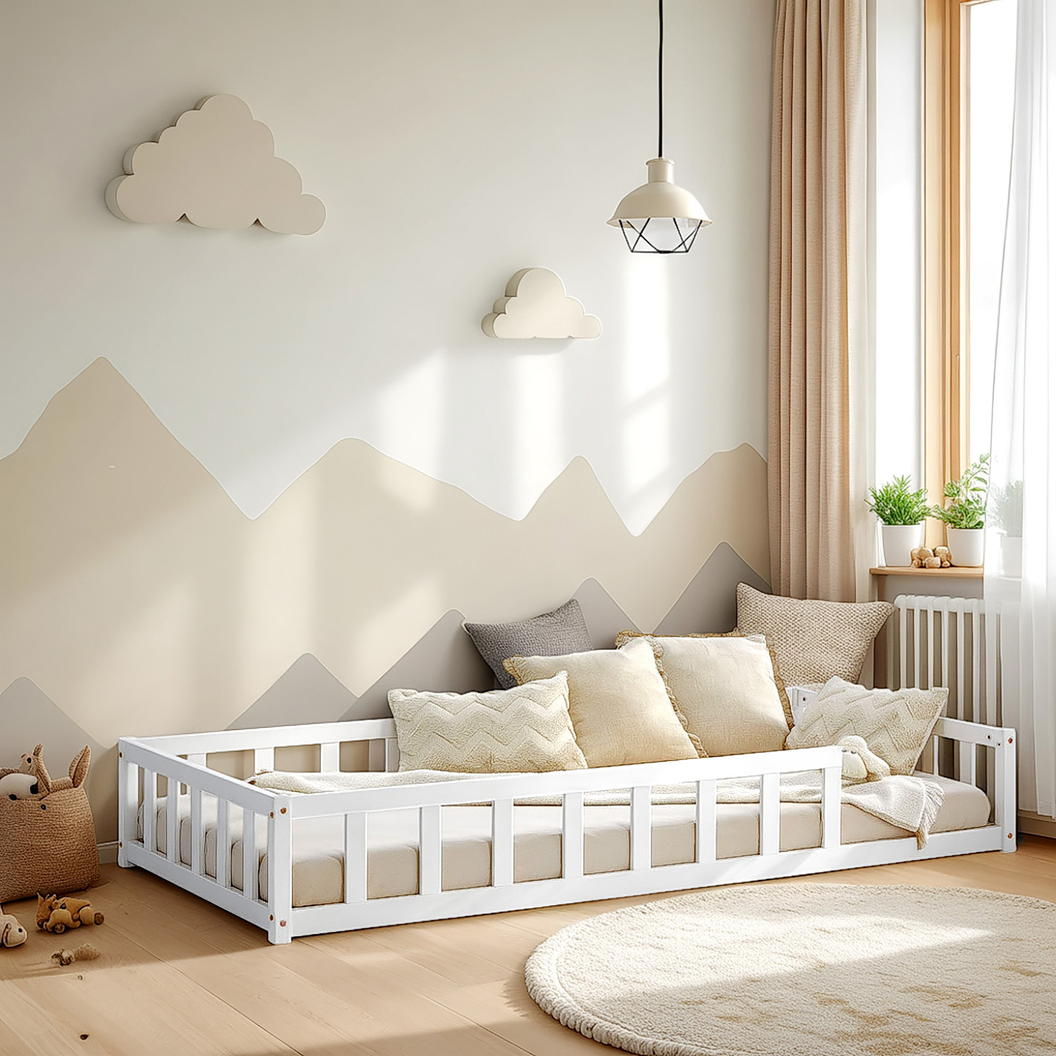 Children's Bed 90x200 White | Floor Bed with Mattress & Slatted Frame | with Fall Protection | Montessori
