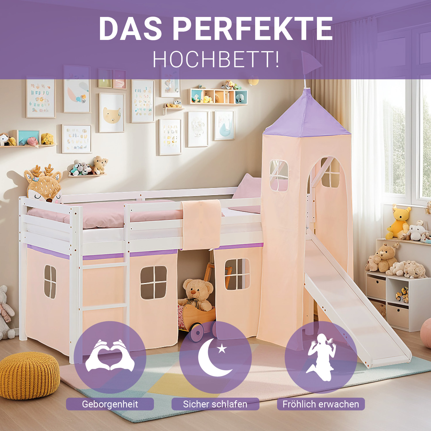 Loft Bed for Kids 90x200 cm White with Curtain in Lilac Beige | Slide | Tower | with Slatted Frame and Mattress