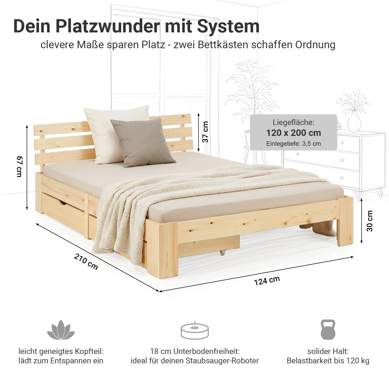 Wood Bed 90x200 cm Natural | Small Double Bed | with Mattress | 2 Drawers | Kids Youth Guest Bedroom