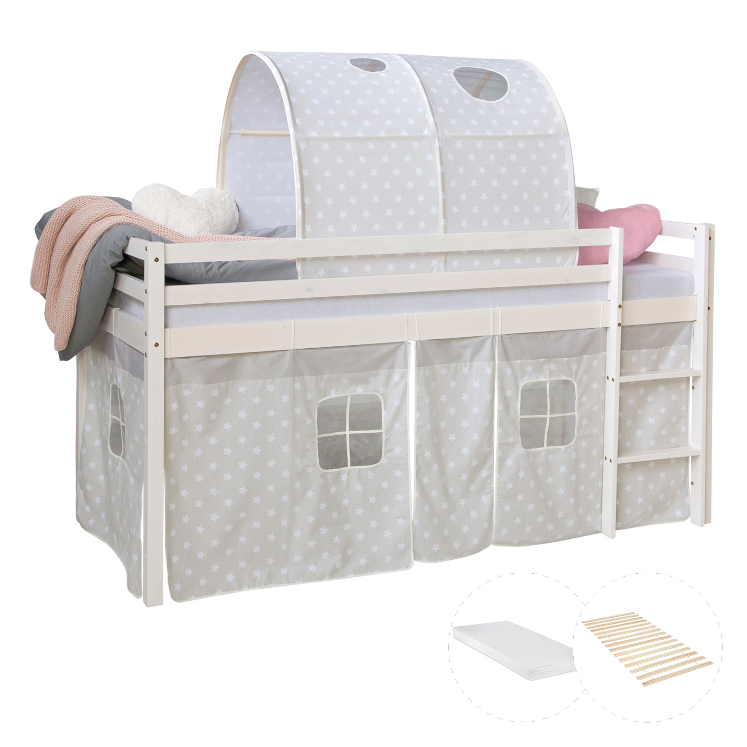 Loftbed 90x200 cm with Mattress Bunk bed Childrens bed Solid Pine Wood Curtain Tunnel Grey Stars Slats