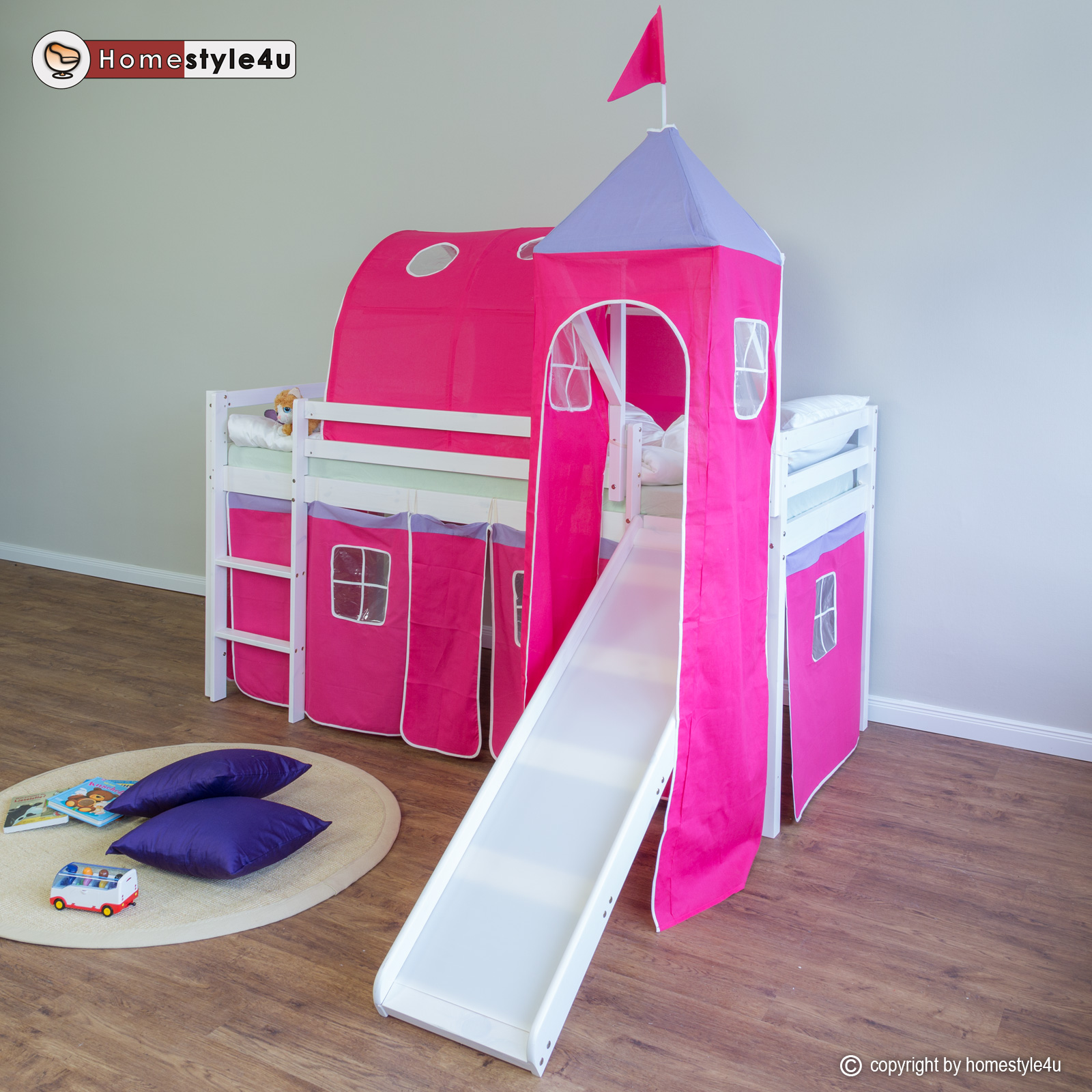 Loft Bed Kids 90x200 cm White with Curtain in Pink | Tunnel | Tower | Slide | without Slatted Frame