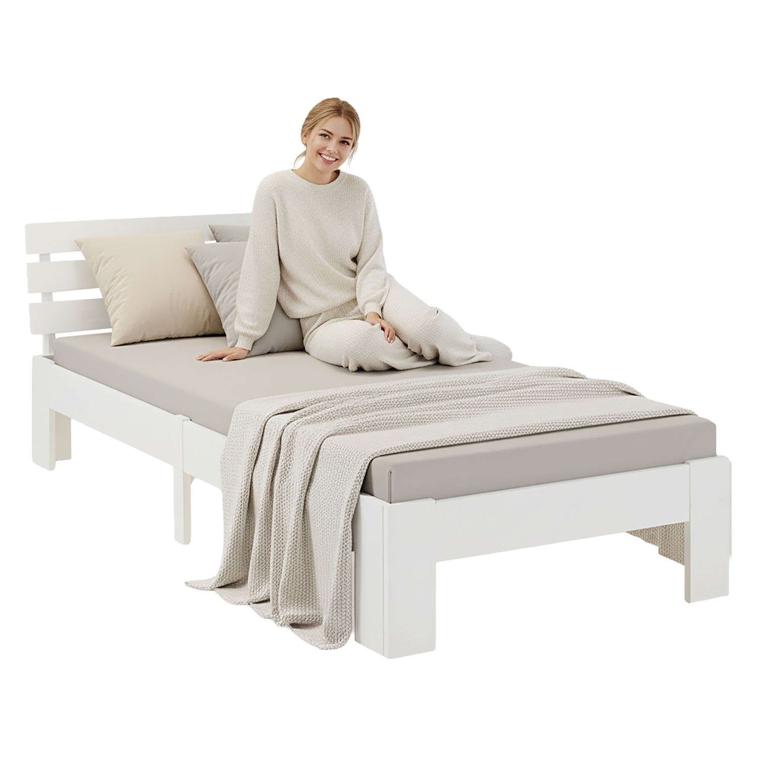 Wood Bed 90x200 cm White | Single Bed | with Slatted Frame | Solid | Kids Youth Guest Bedroom