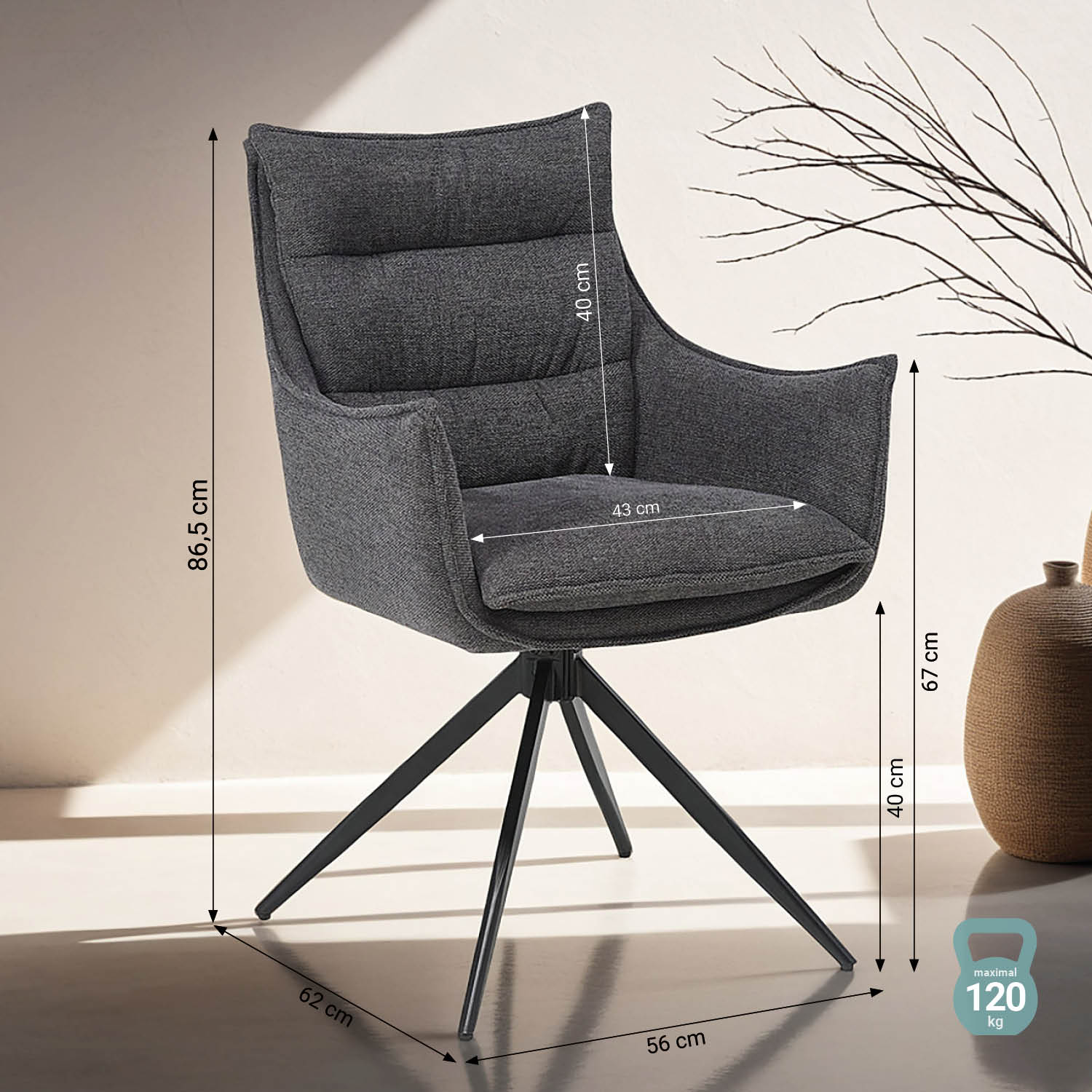 Upholstered Chair Fabric Anthracite | Set of 4 | swivel | with Armrests | Kitchen Dining Room Office