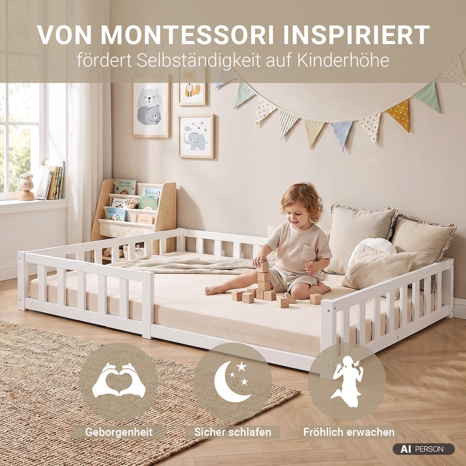 Montessori Crib 120x200 cm White with Safety Rail & Slatted Base – Solid Wood Crib