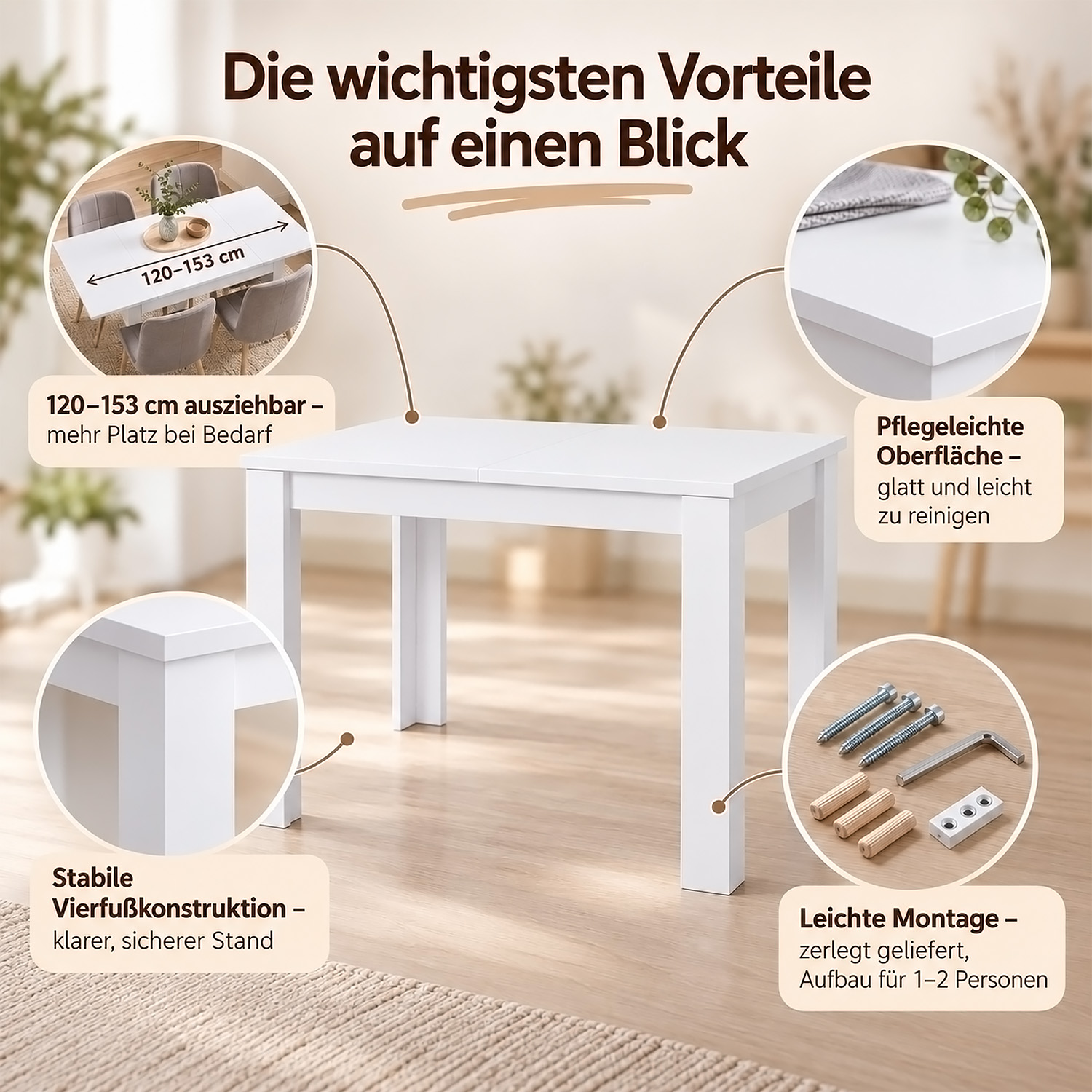 Dining Set (5-Piece): 120x80 cm white extendable dining table with 4 grey plastic chairs and wooden legs