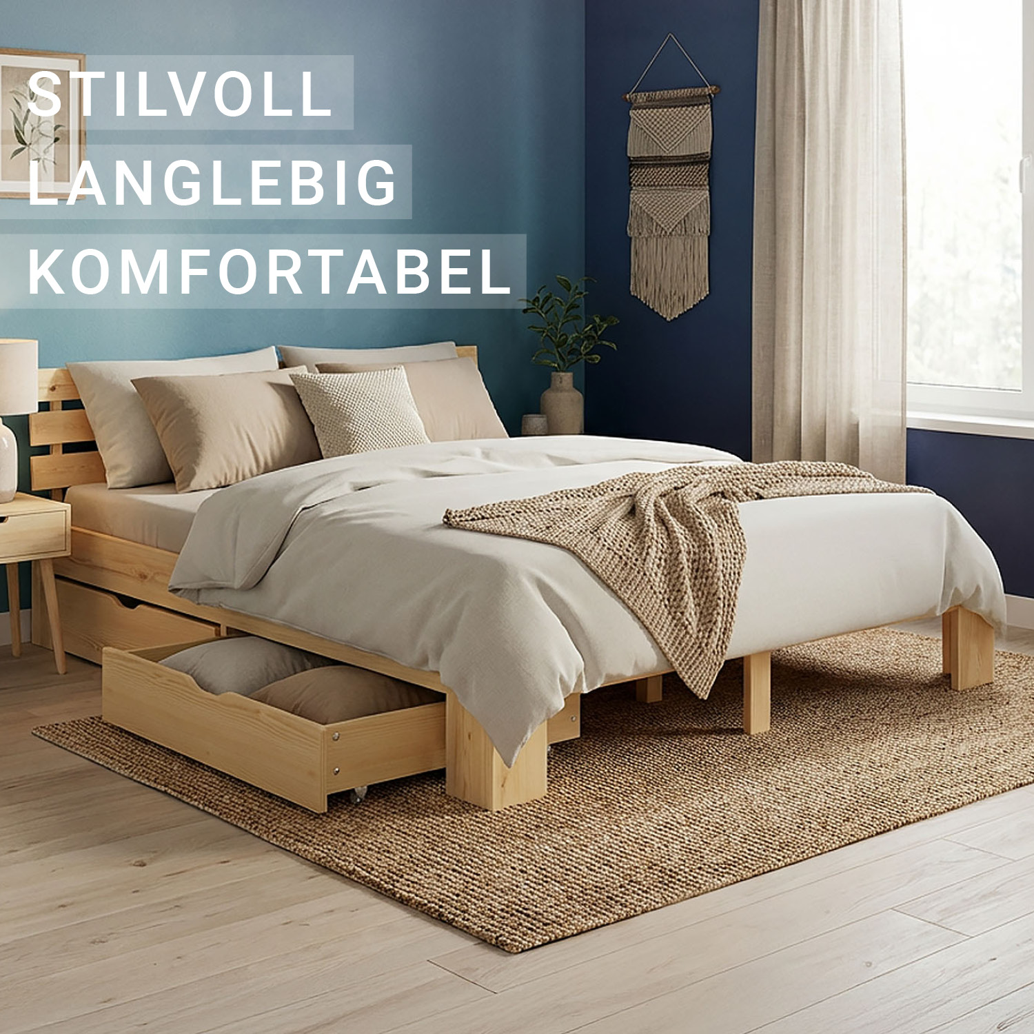 Wood Bed 140x200 cm Natural | Double Bed with Storage 2 Drawers | with Slatted Frame | Solid | Kids Youth Guest Bedroom