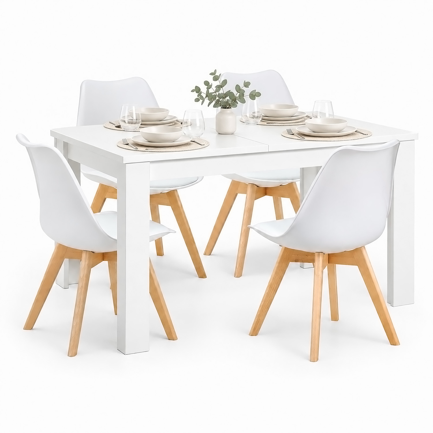 Dining Set (5-Piece): 120x80 cm white extendable dining table with 4 plastic chairs and wooden legs