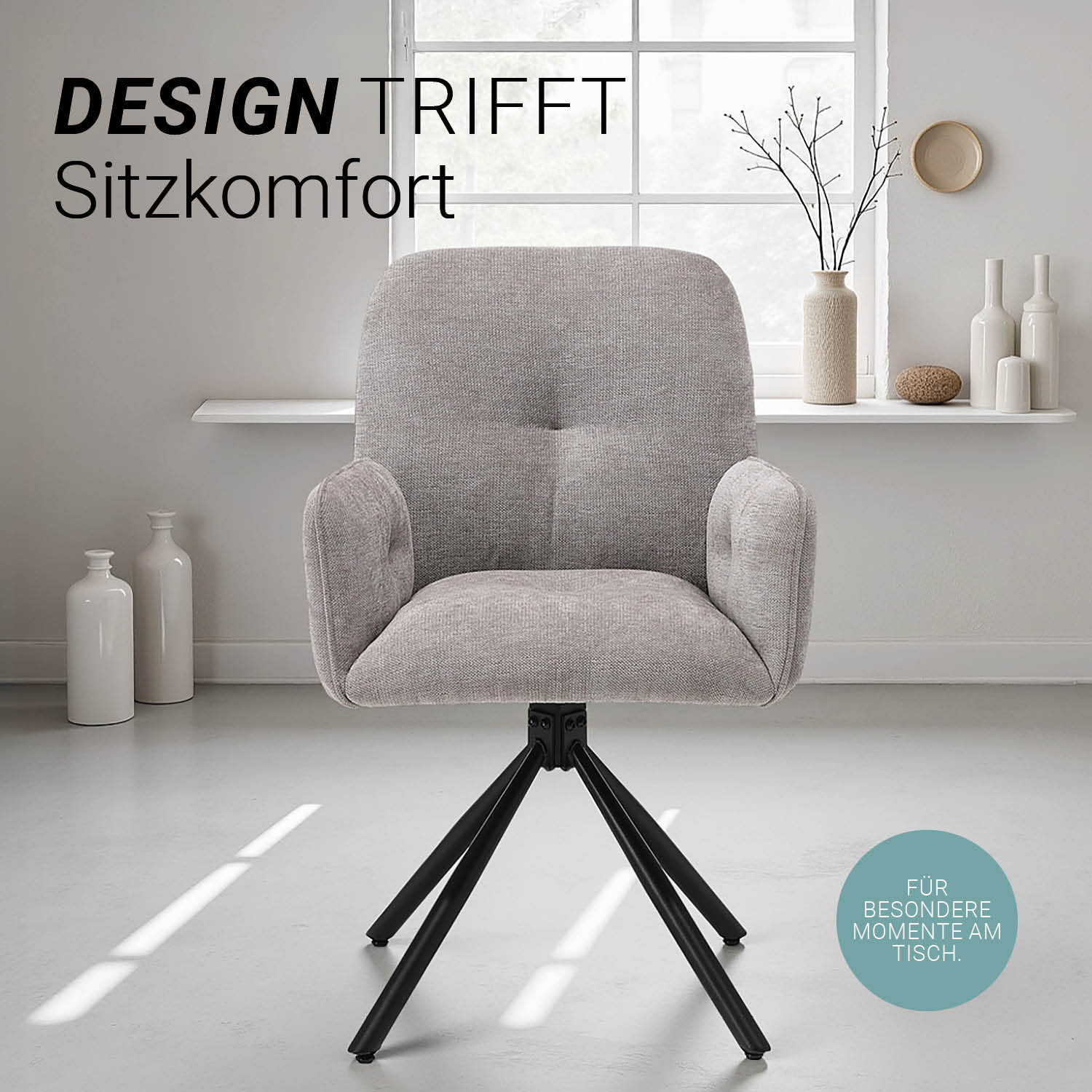 Polsterstuhl Stoff Grau 6er Set drehbar mit Armlehnen