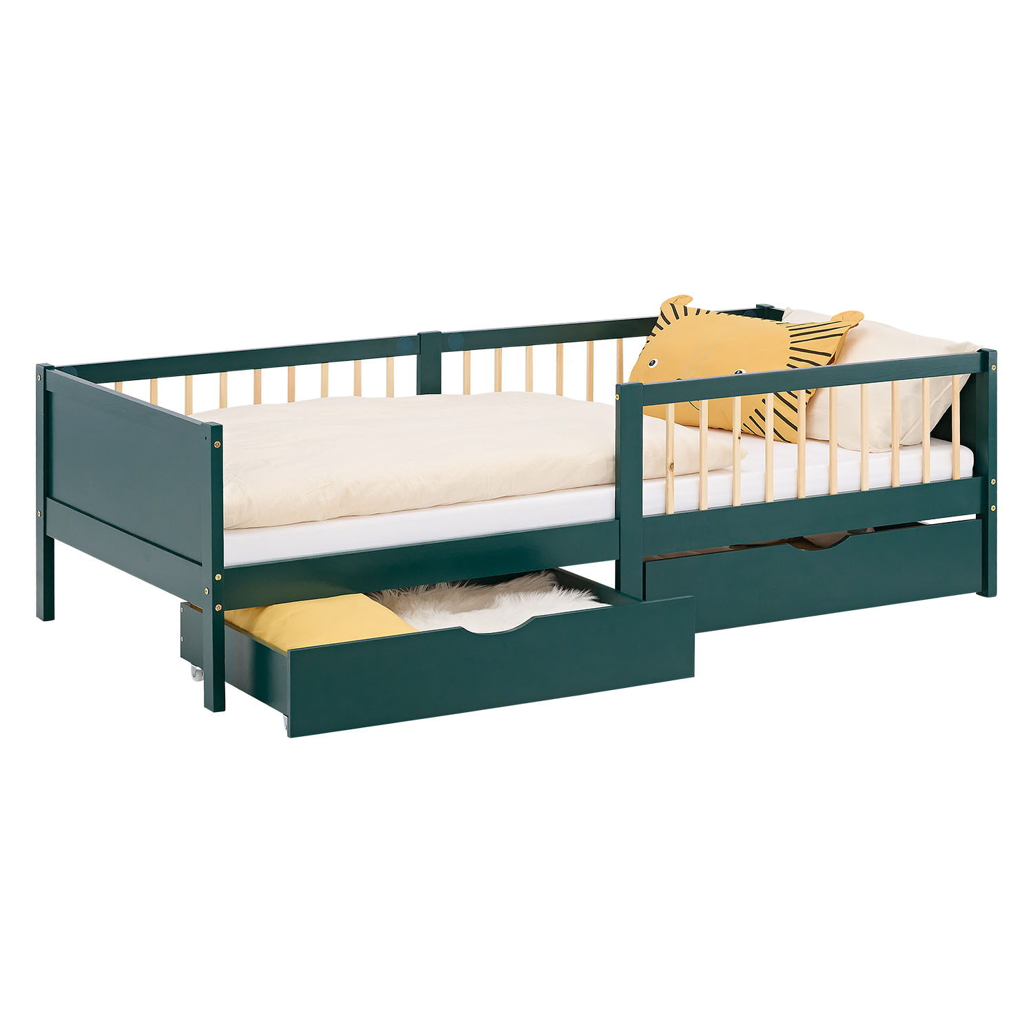Children's Bed 90x200 cm Green | Wooden bed with 2 drawers | Single Bed | with Slatted Frame | Fall Protection