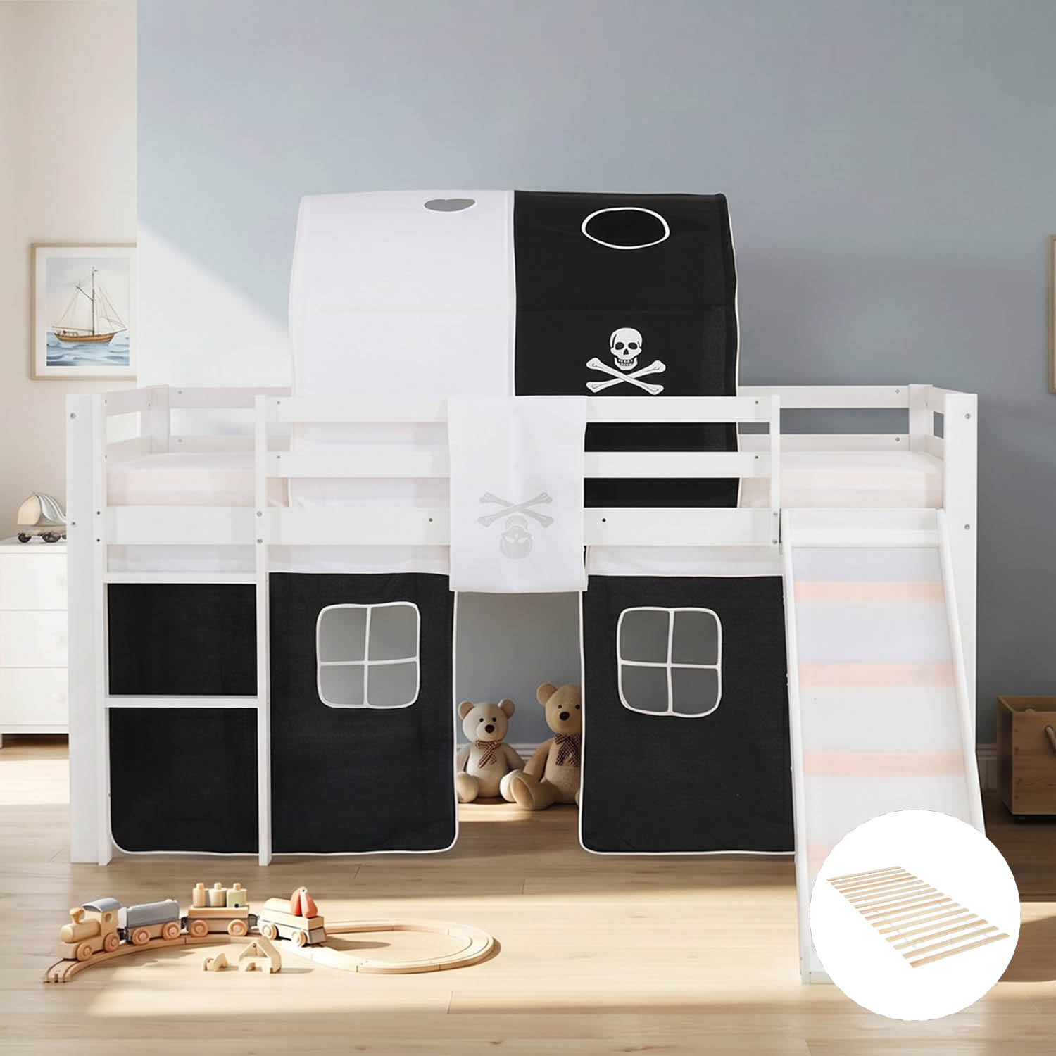 Children's Loft Bed 90x200 cm, White with Black Curtain | Tunnel | Slide | Includes Slatted Base