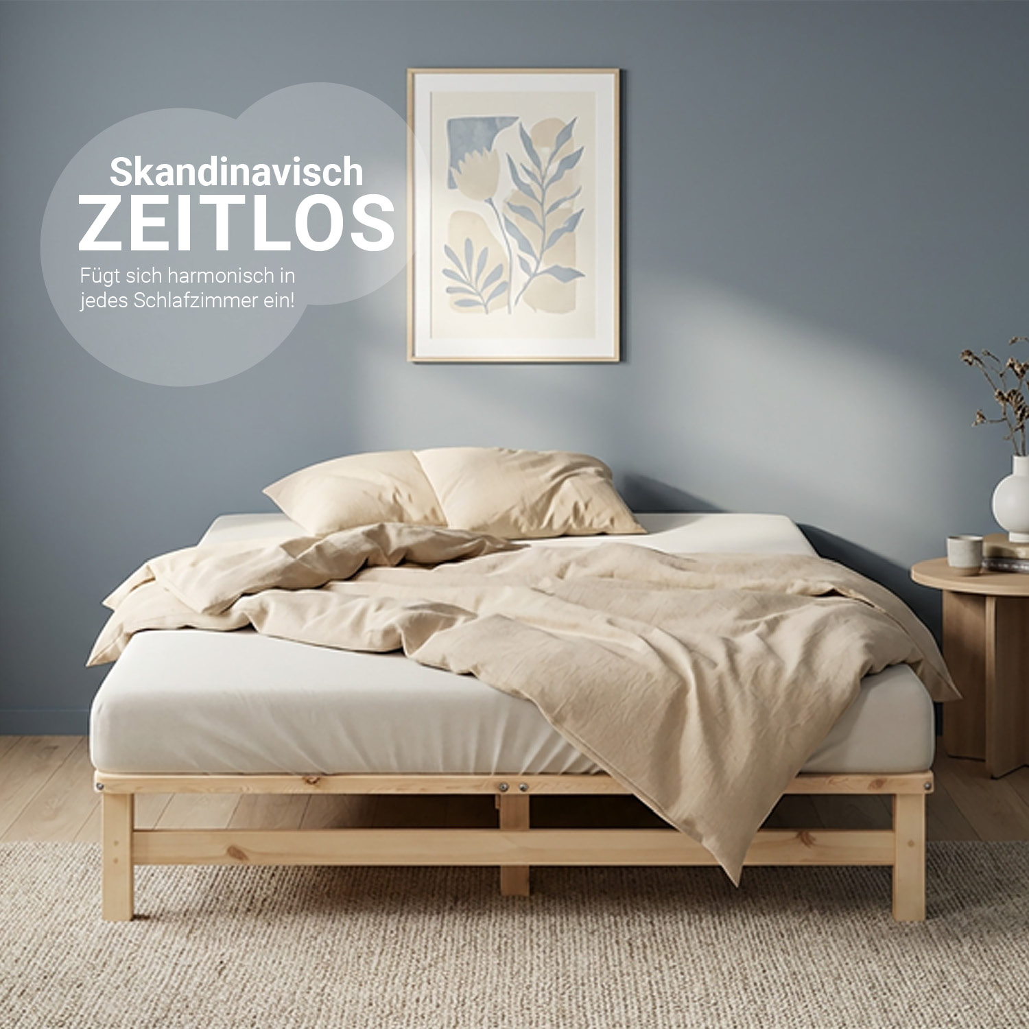 140x200 cm Natural Pallet Bed – Wooden Double Bed with Mattress & Slatted Base for Teen Rooms, Guest Rooms, and Bedrooms