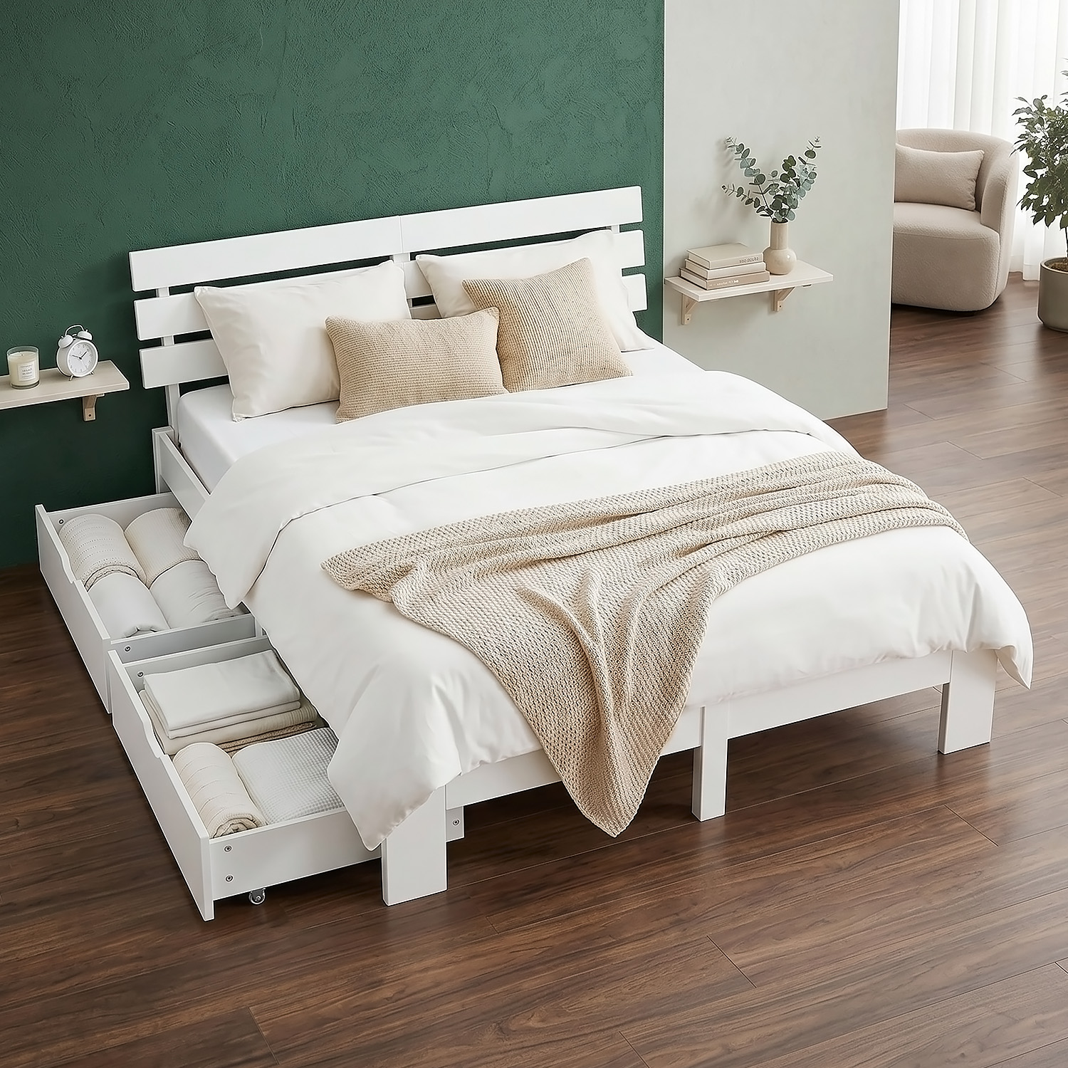 Wood Bed 140x200 cm White | Double Bed with Storage 2 Drawers | with Mattress | Solid | Kids Youth Guest Bedroom
