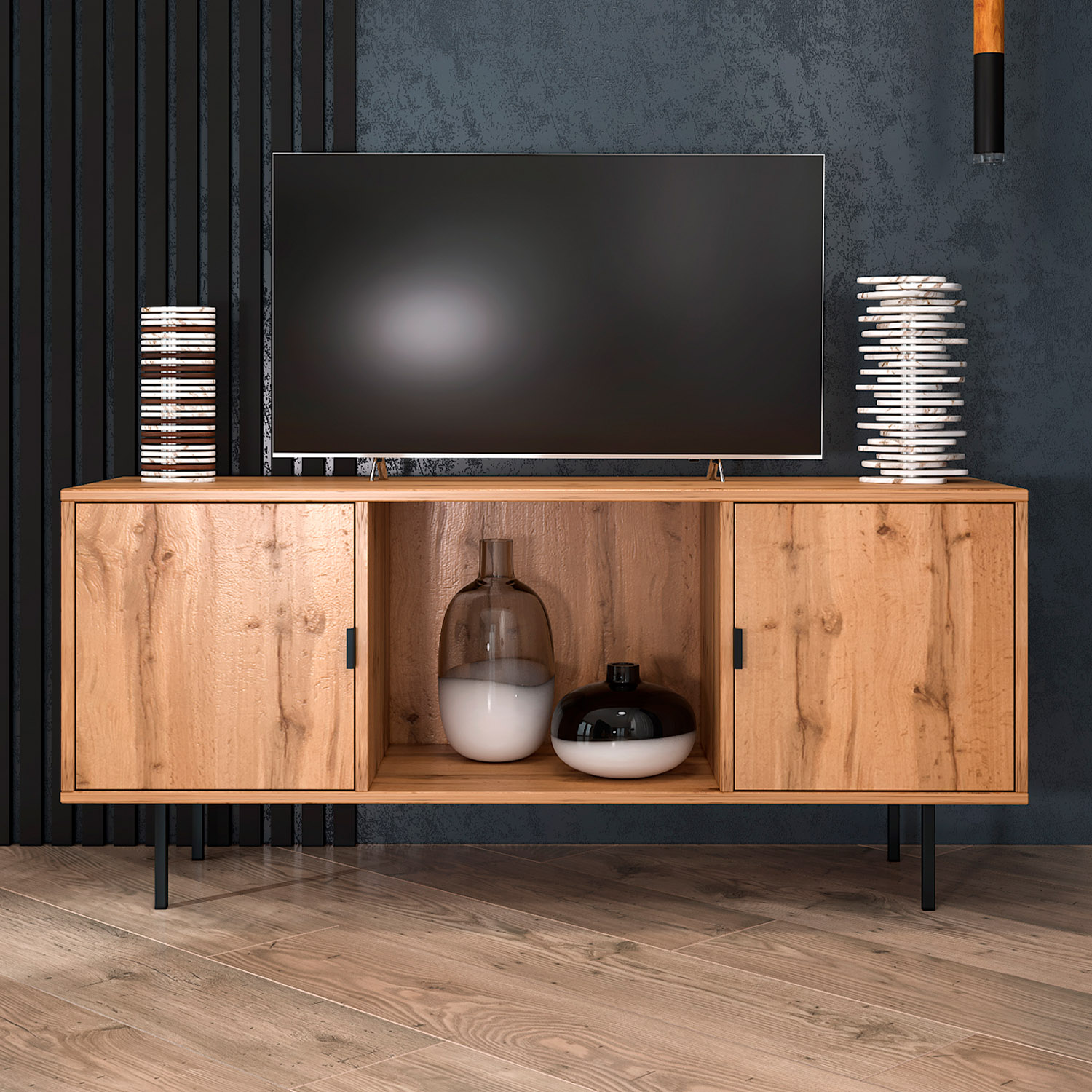 TV Board Wood TV Cabinet Lowboard Sideboard Grey Oak