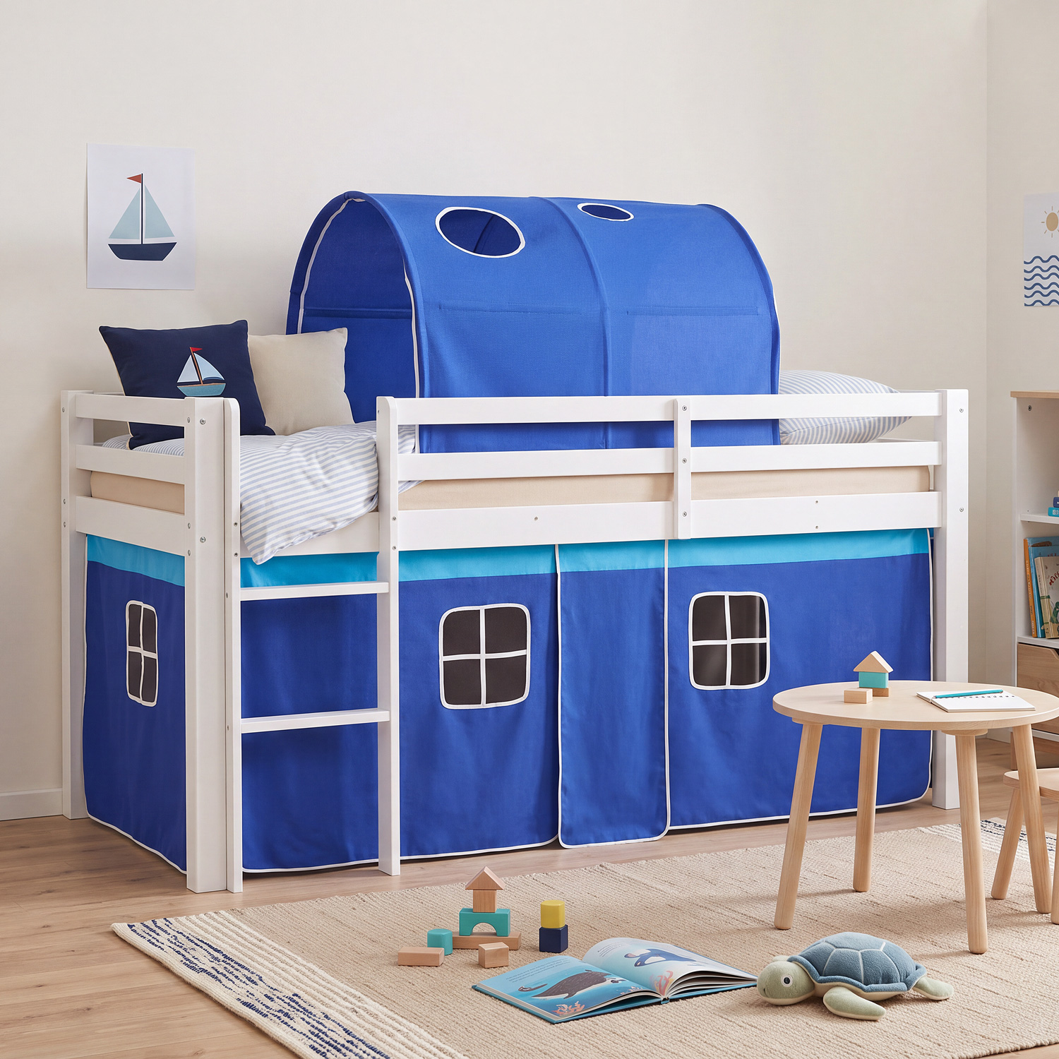 Children's Loft Bed 90x200 cm White with Blue Curtain | Tunnel | with Slatted Base | with Mattress