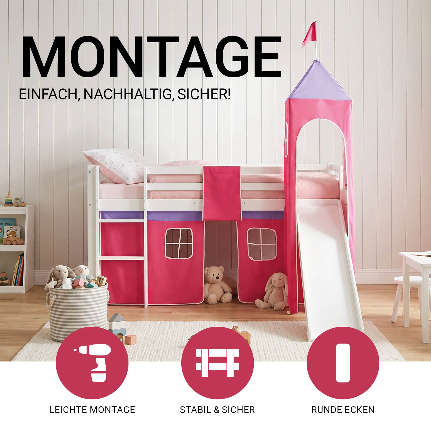 Children's Loft Bed 90x200 cm, White with Pink Curtain | Tower | Slide | Includes Slatted Base