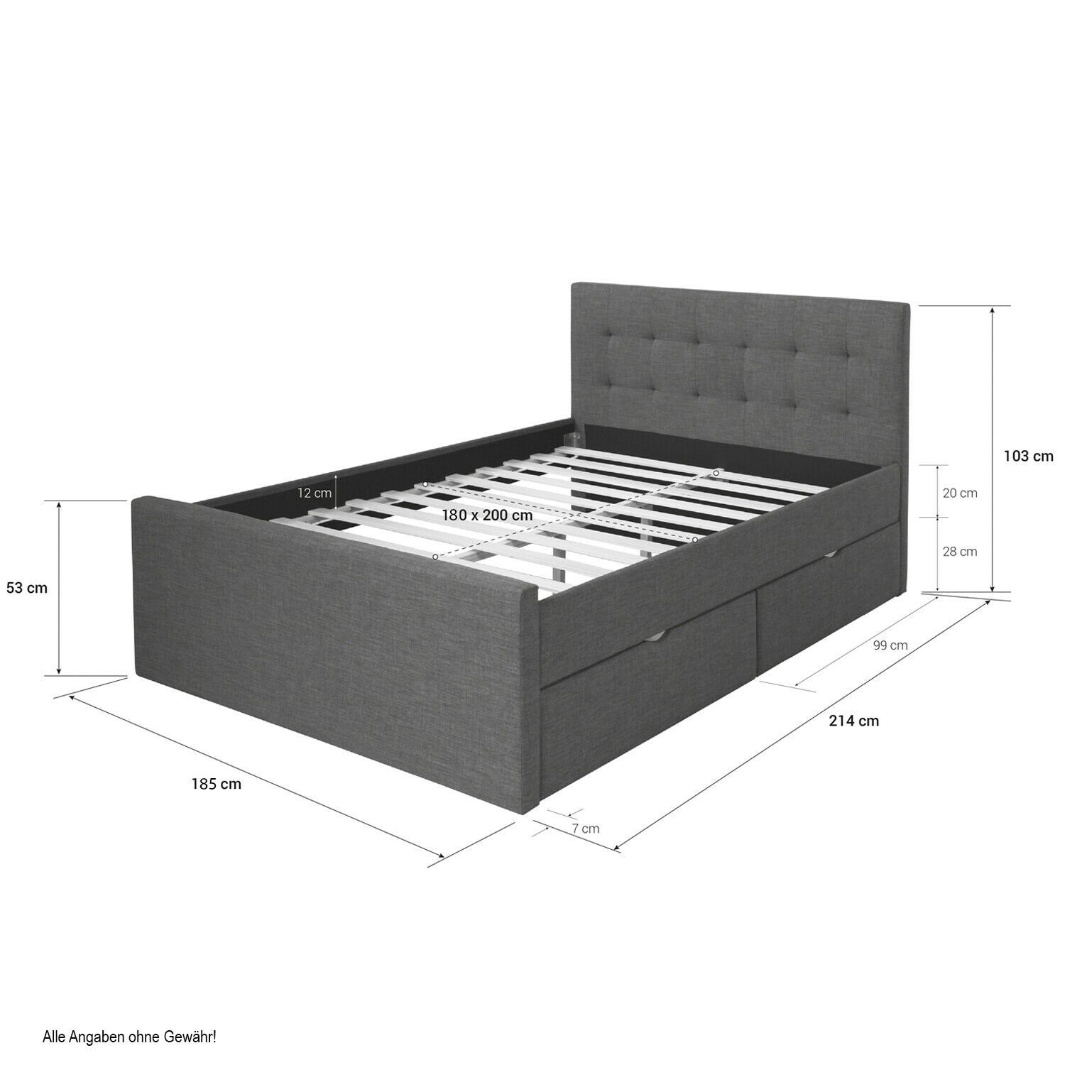 Upholstered Bed 180x200 Grey Double Bed Slatted Frame 2 Drawers