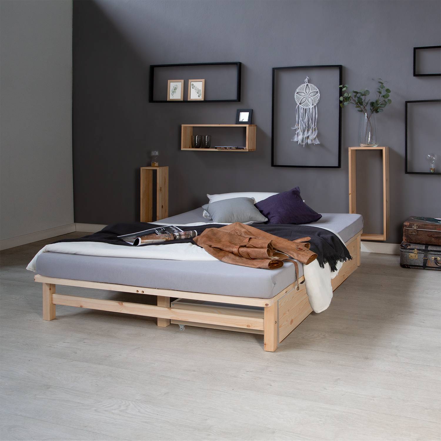 140x200 cm Natural Wood Pallet Bed with Mattress & Storage Drawers – Double Wooden Bed Frame with Storage