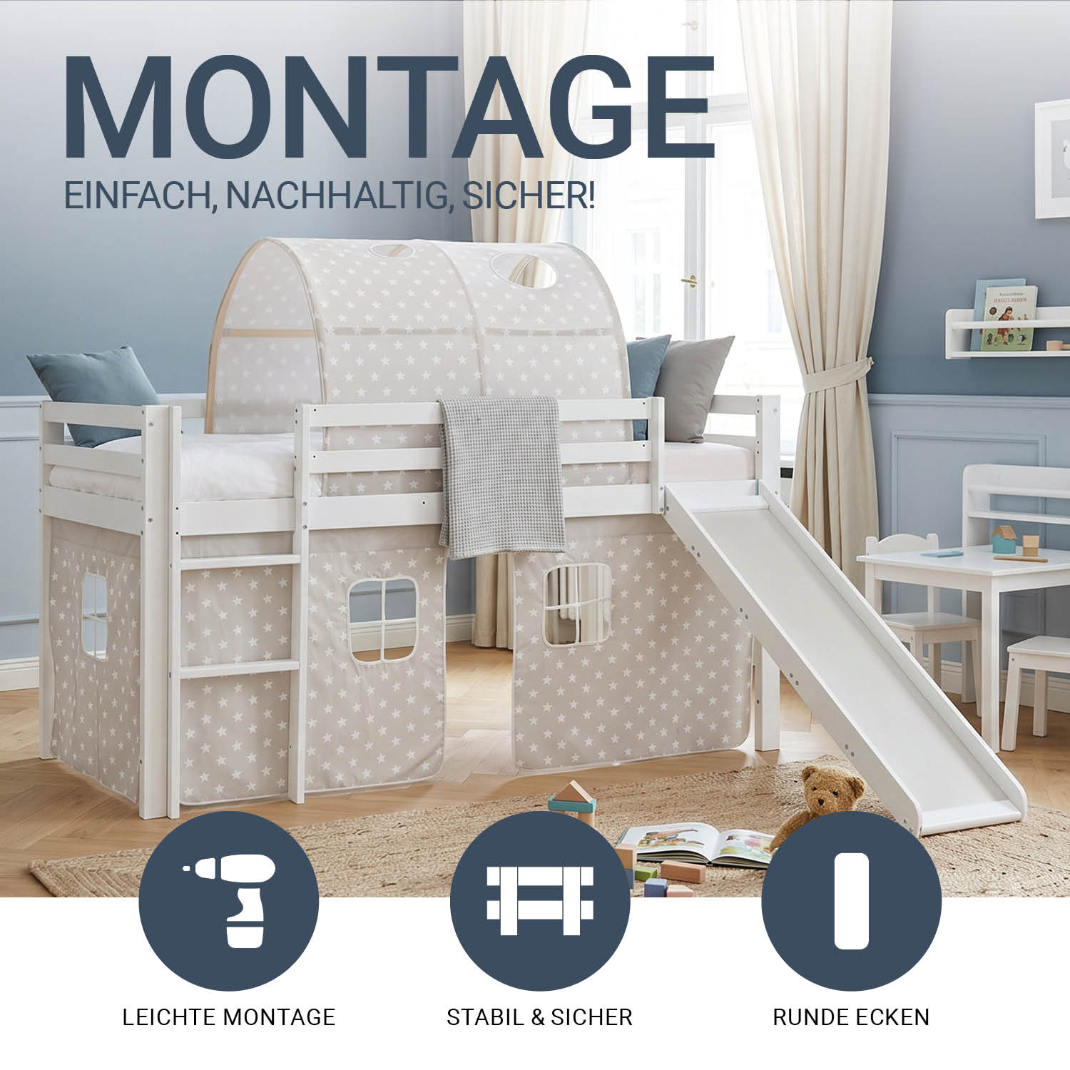 Children's Loft Bed 90x200 cm White with Star Curtain | Tunnel | Slide | Includes Slatted Base | Includes Mattress