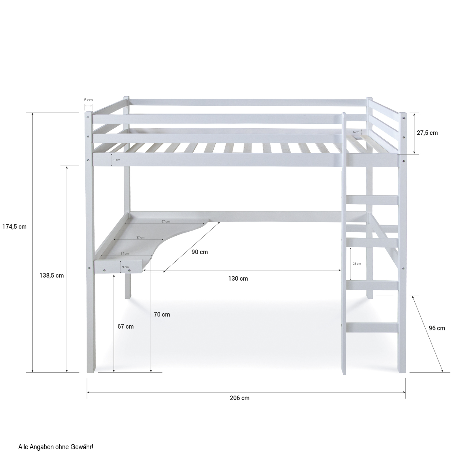 Children's Loft Bed 90x200 cm White | Ladder | Desk Included