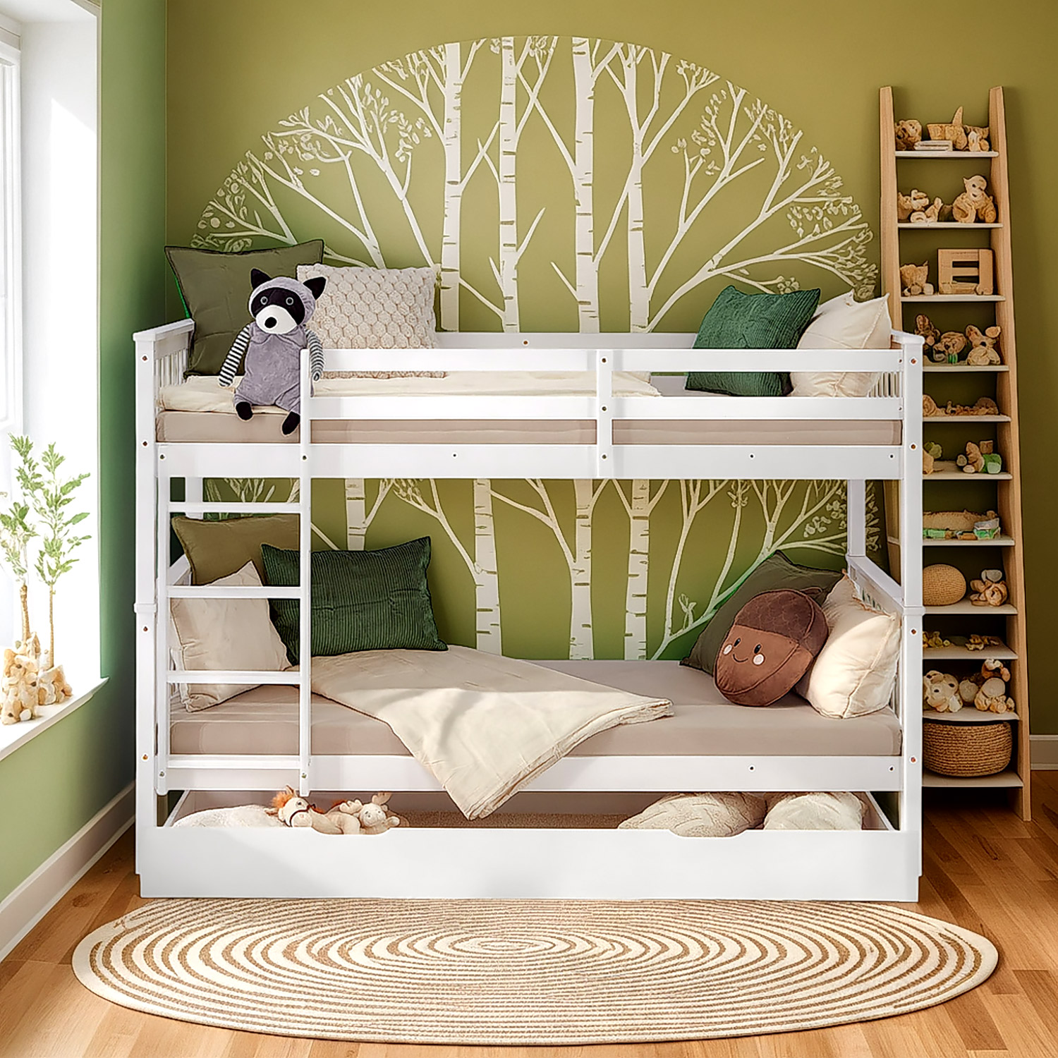 Bunk Bed 90x200 cm White | Kids Bed with Mattress | Storage | Fall Protection | Convertible | Massif pine wood