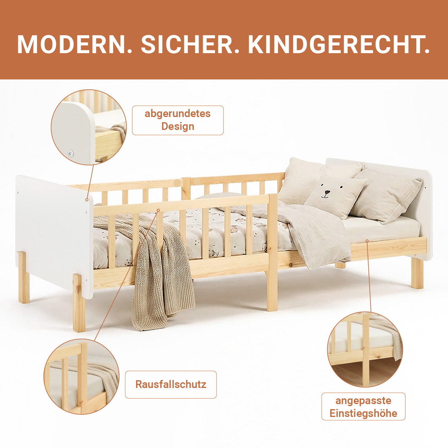 Single bed 90x200 cm White with Mattress Wooden Bed frame Toddler bed with safety rail Kids bed Childrens bed Slatted frame