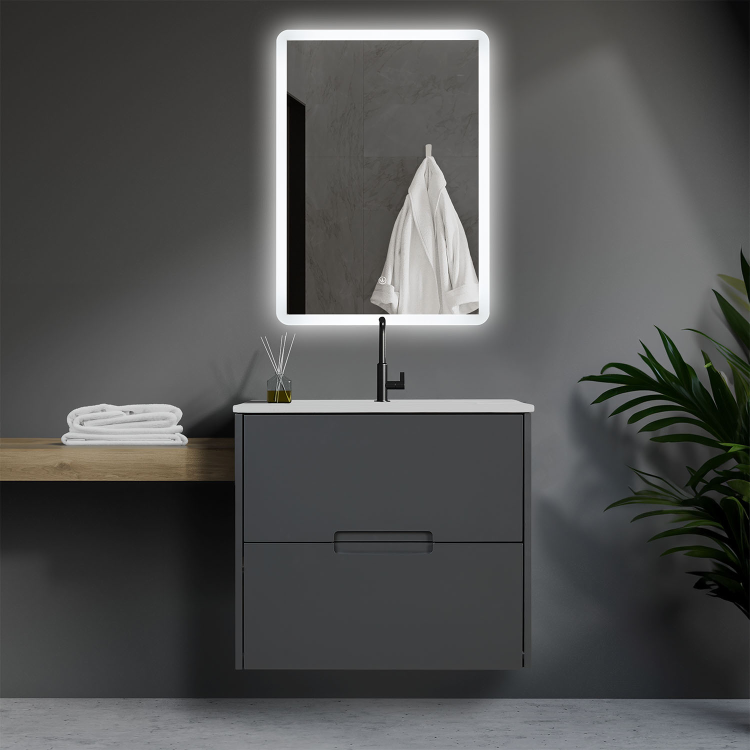 Waschtisch in Grau mit Waschbecken und Unterschrank, Holzelementen und Schubladenstauraum. Der wandhängende Waschtischunterschrank mit weißem Waschbecken ist auf weißem Hintergrund abgebildet. Die beiden breiten Schubladenfronten und die seitlichen Kanten