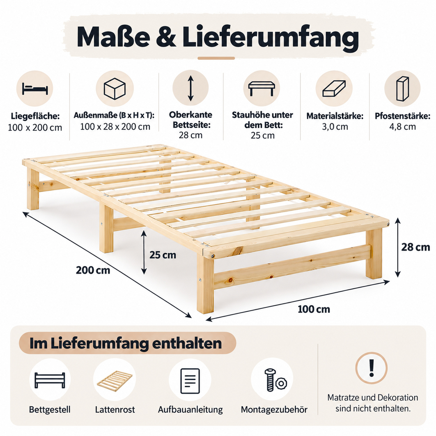 100x200 cm Natural Pallet Bed – Wooden Single Bed with Mattress & Slatted Base for Teen Rooms, Guest Rooms, and Bedrooms