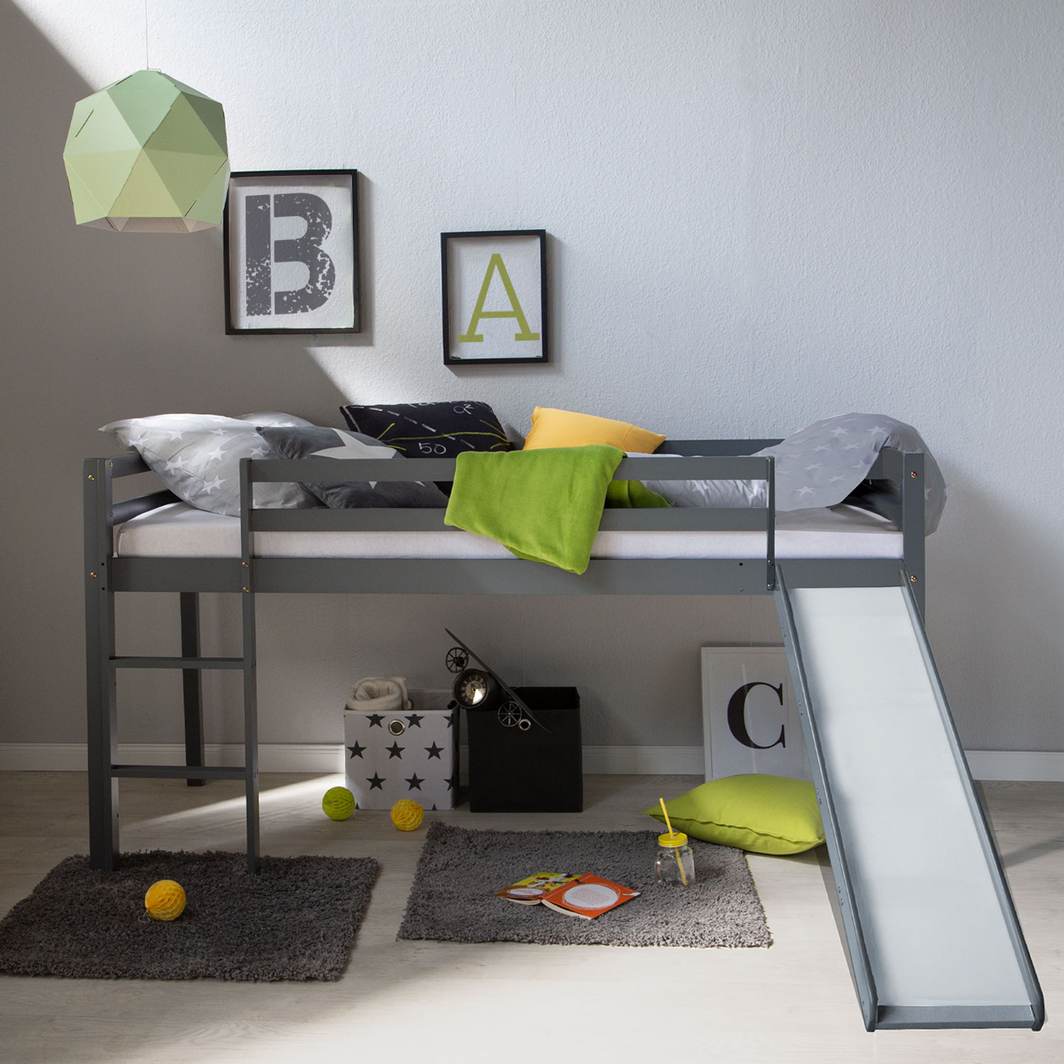 Loft Bed with Mattress Slatted Frame Slide 90x200 cm Children's Bed Bunk Bed Grey