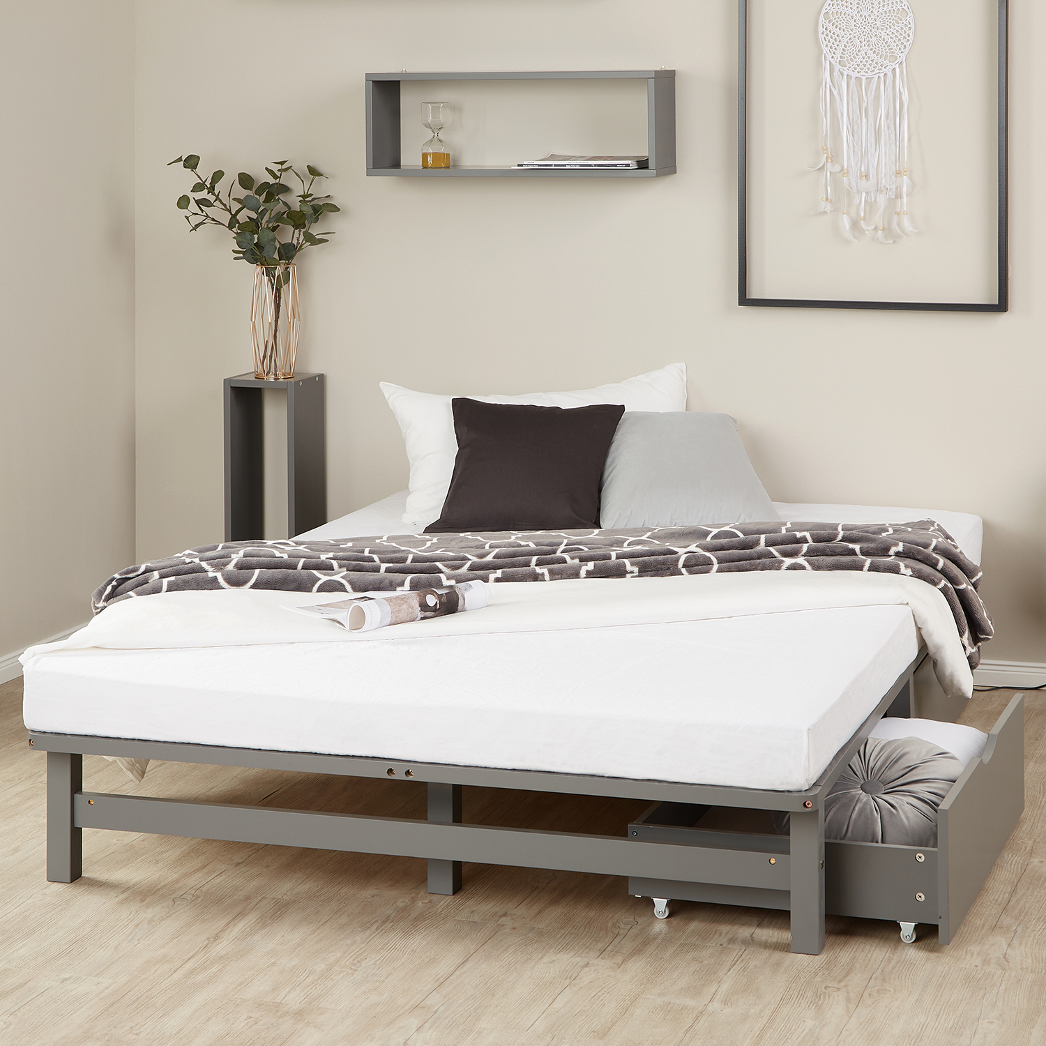 Pallet Bed 140x200 cm Gray | Double Bed with Storage Drawers | with Slatted Frame | Wood | Kids Youth Guest Bedroom