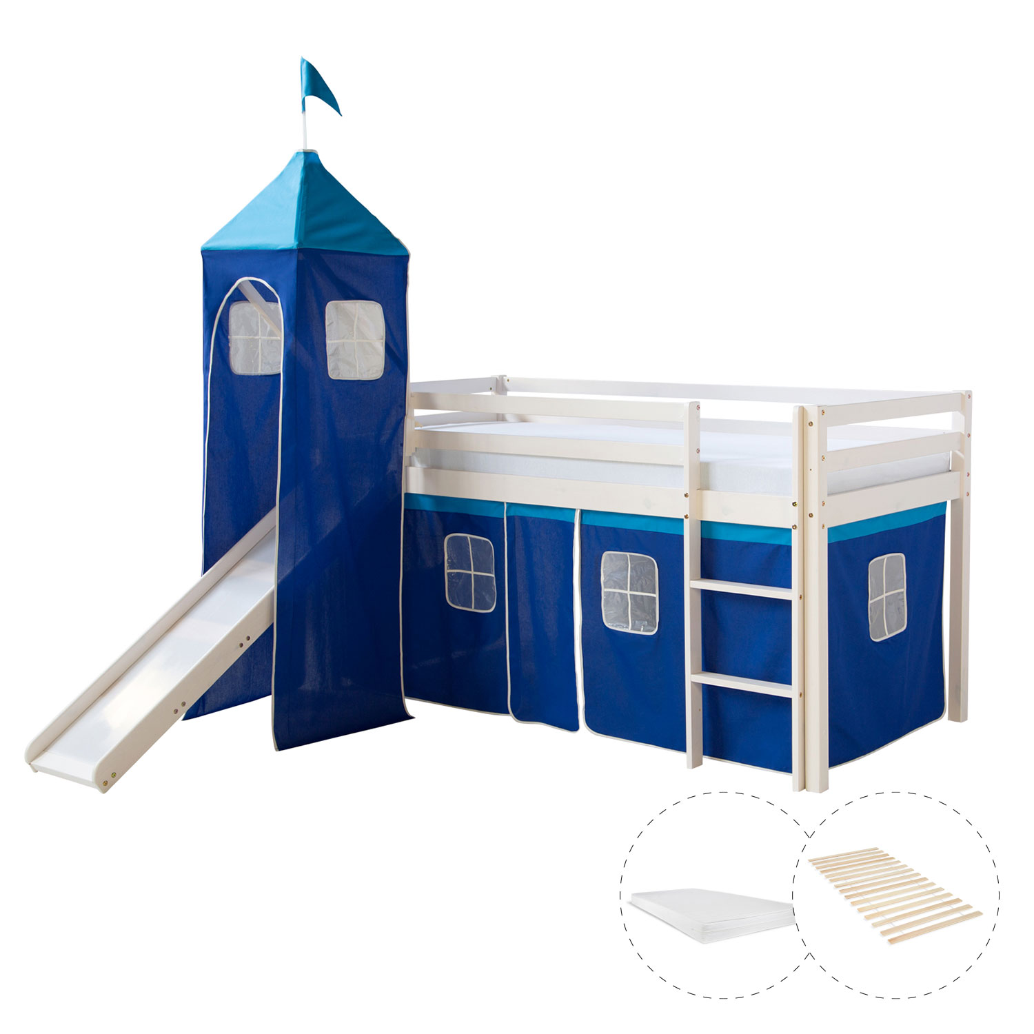 Loftbed 90x200 cm with Tower Slide Mattress Bunk bed Childrens bed Solid Pine Wood Slats Curtain Blue