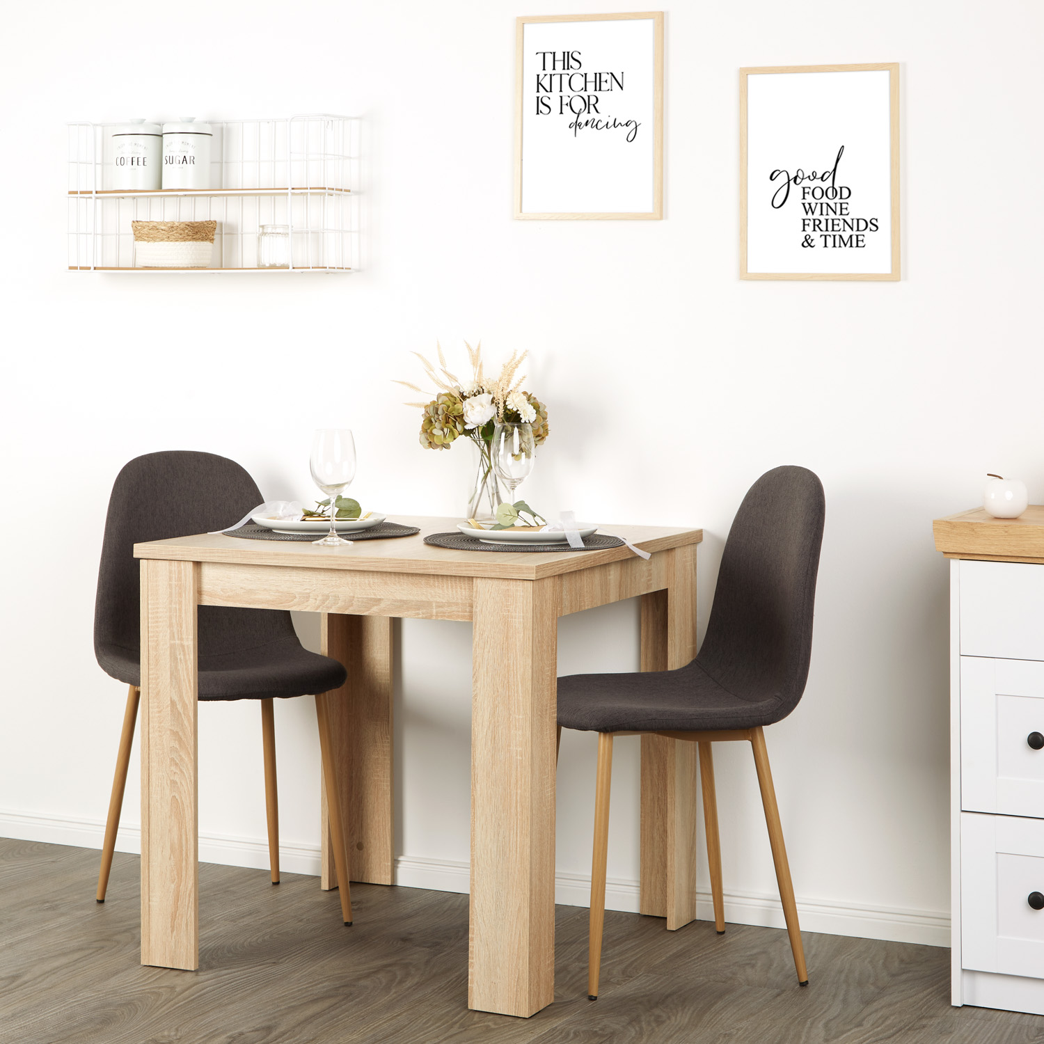 Essgruppe 2er-Set Tisch Eiche 80x80 cm mit 2 Stühlen anthrazit – modern & platzsparend