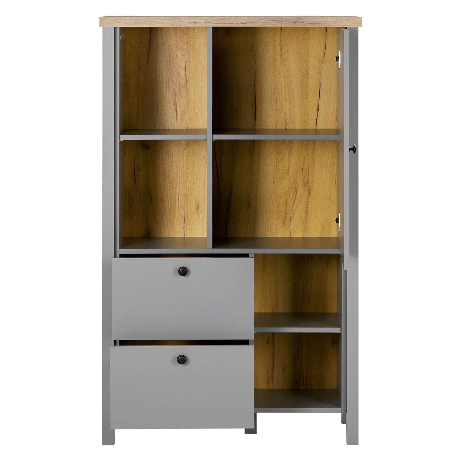 Highboard Sideboard Grey Wood Natural Storage 2 Drawers Cabinet Buffet Credenza Living Room Cupboard