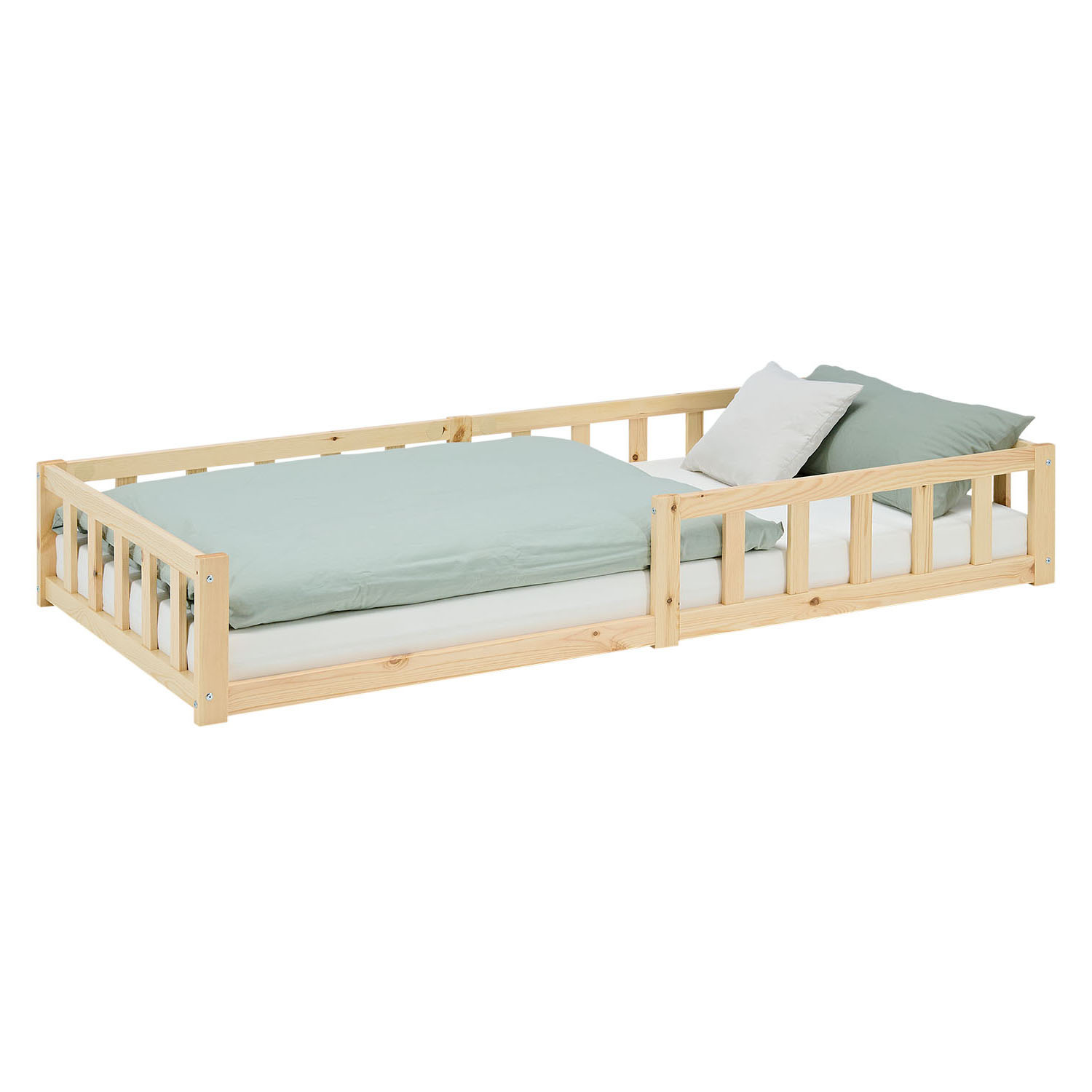 Children's Bed 90x200 Natural | Floor Bed with Mattress & Slatted Frame | with Fall Protection | Montessori