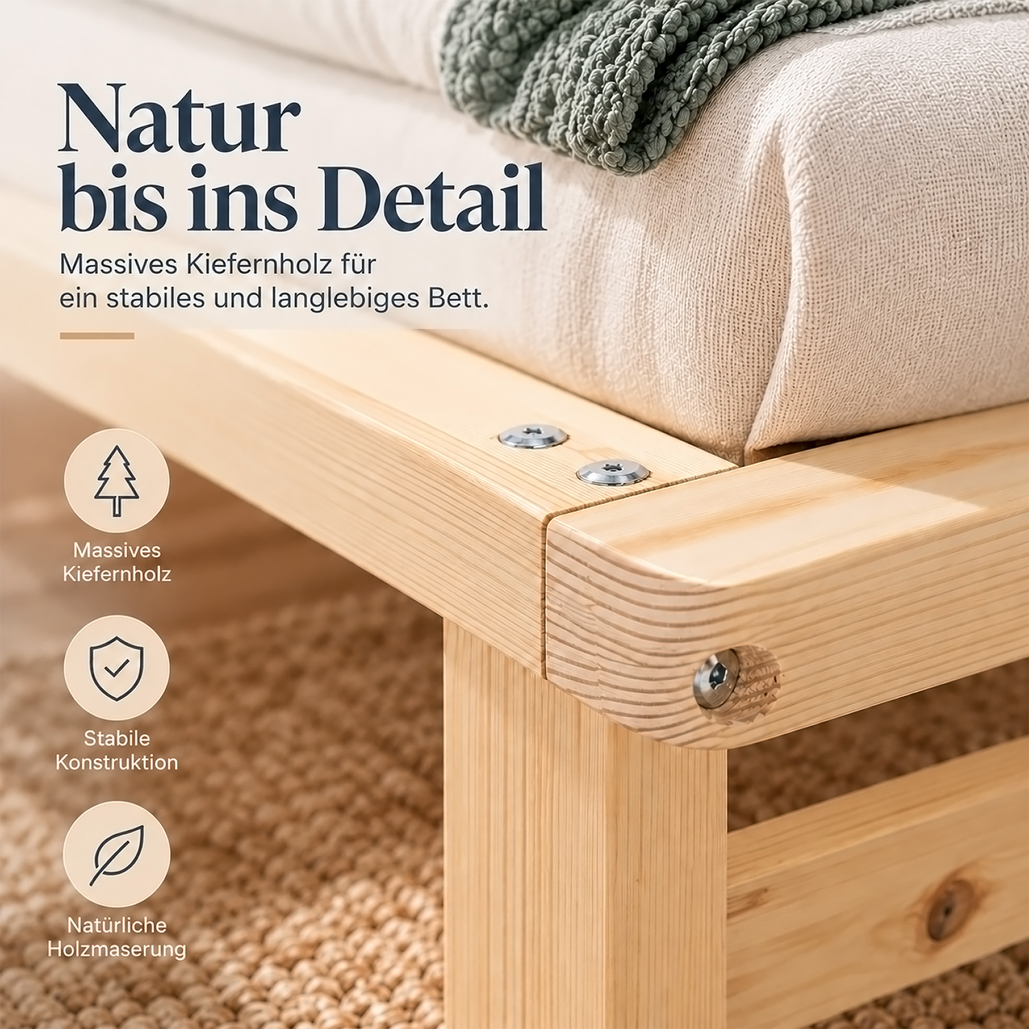 100x200 cm Natural Pallet Bed – Wooden Single Bed with Mattress & Slatted Base for Teen Rooms, Guest Rooms, and Bedrooms
