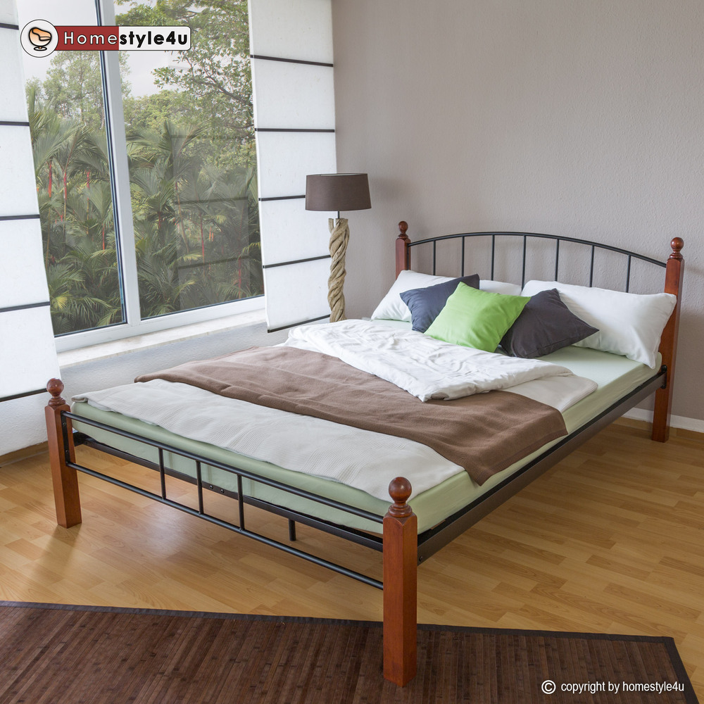 Metal Bed 140 160 180 with slatted frame Double Bed Frame Bedstead Black Brown Wood