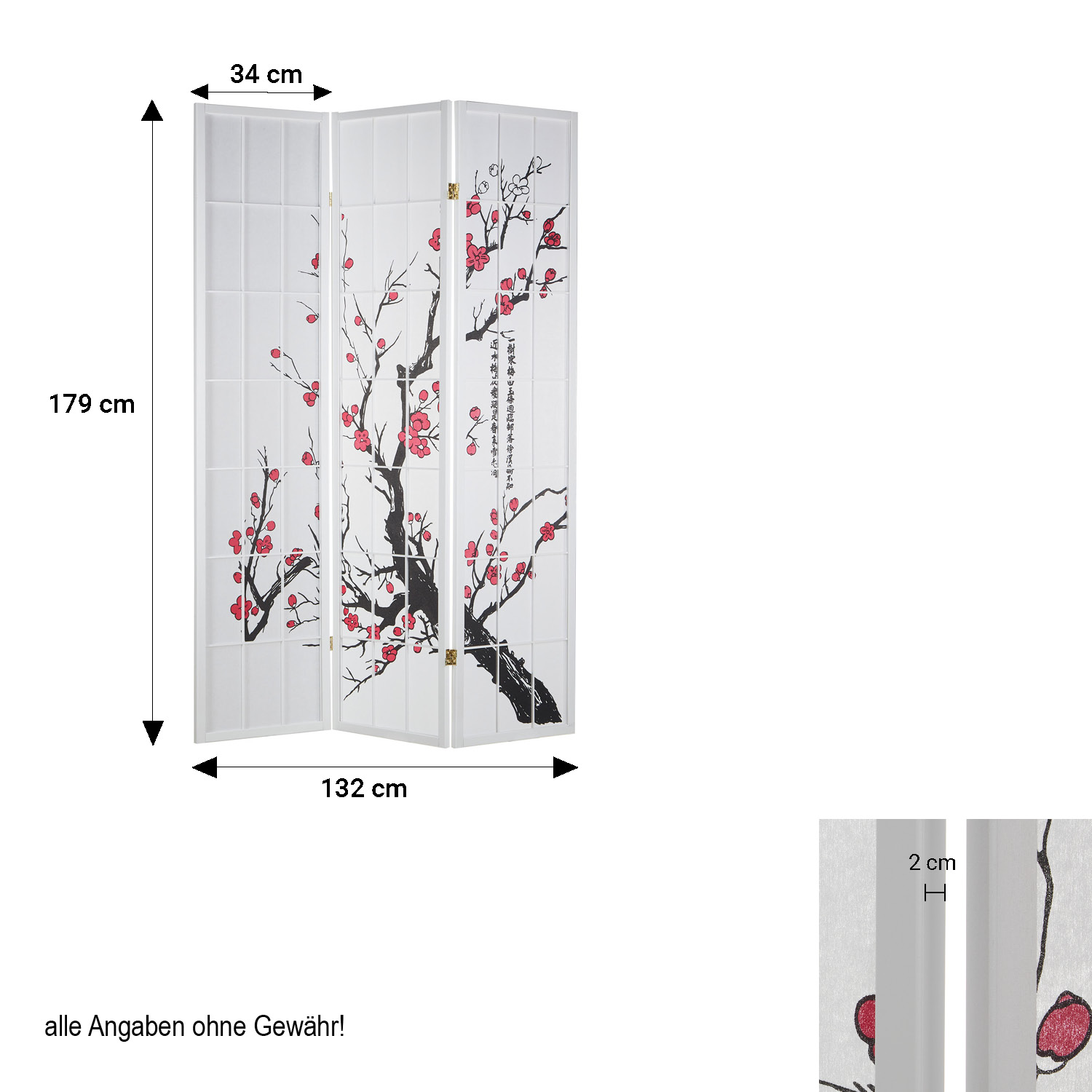 Paravent White Cherry Pattern | Rice Paper White | 3-panel | Wood | Room Divider Partition Privacy Screen